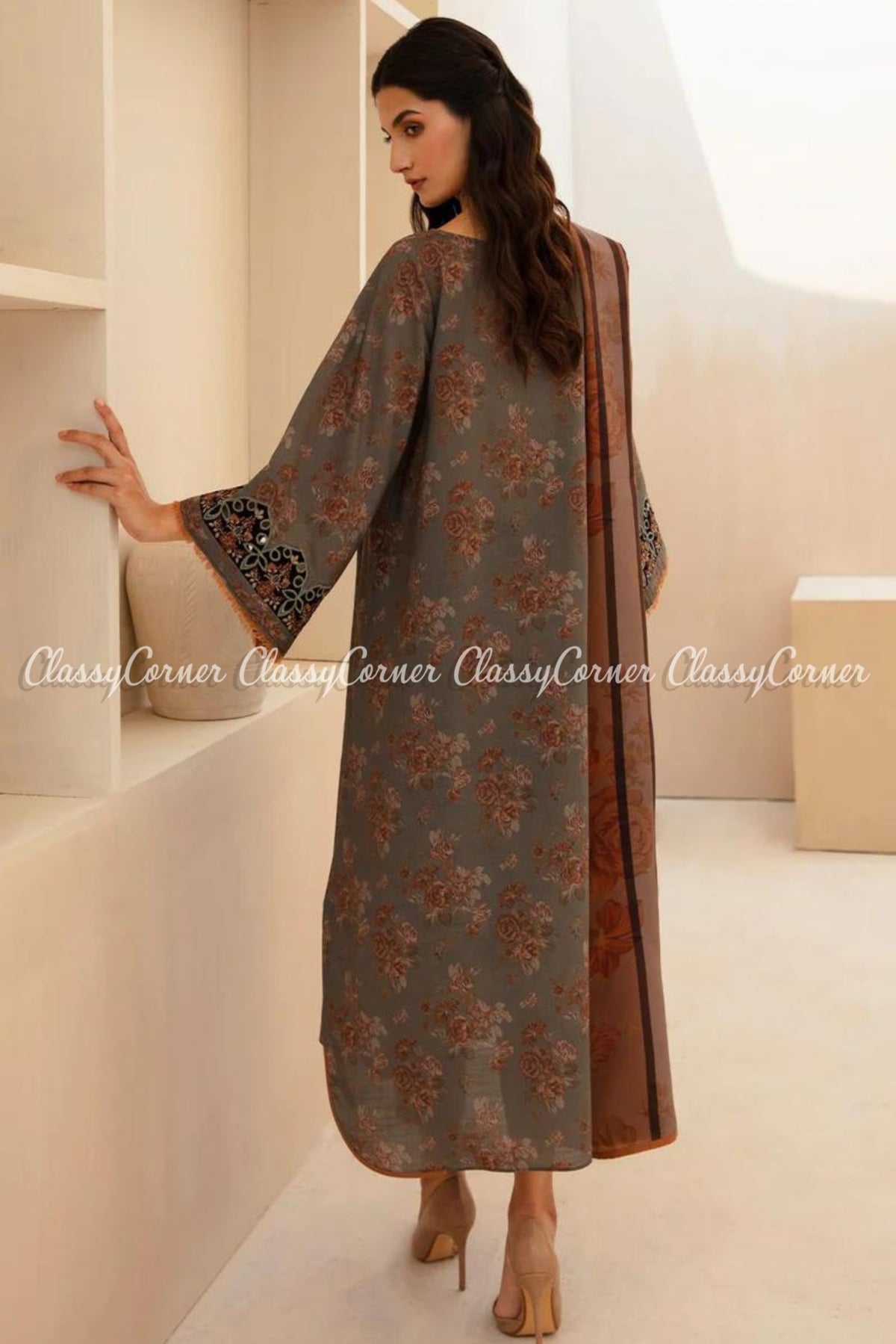 Grey Orange Printed Viscose Khaddar Formal Wear Suit