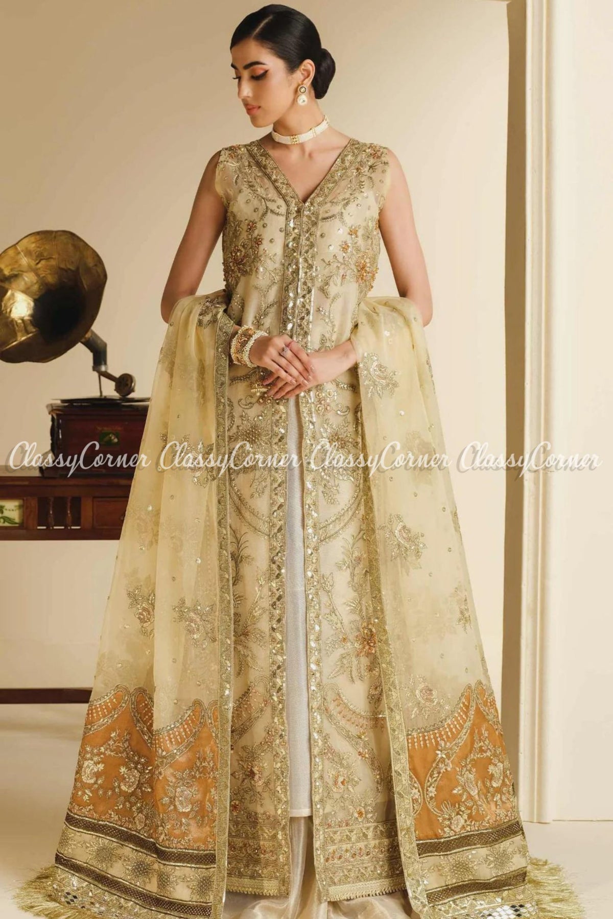 Golden Beige Organza Embellished Wedding Wear Gown Outfit