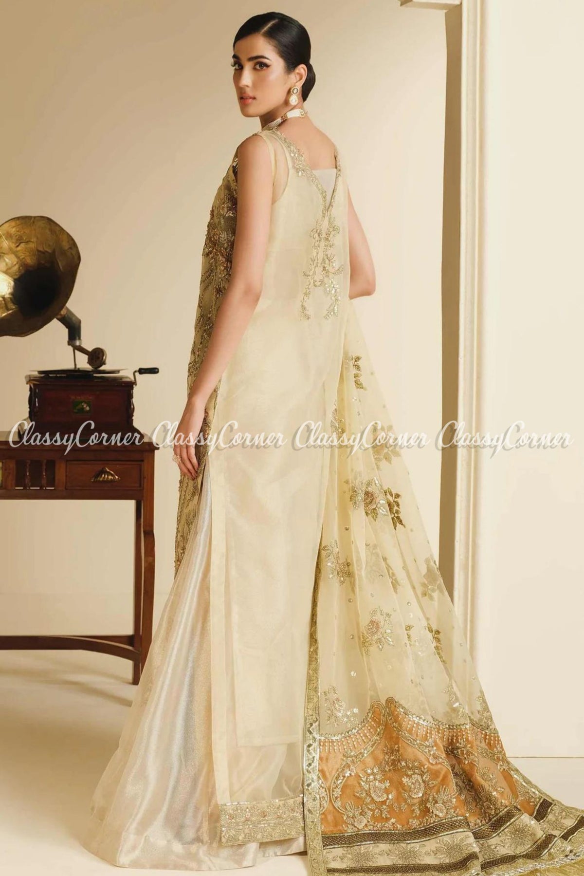 Golden Beige Organza Embellished Wedding Wear Gown Outfit