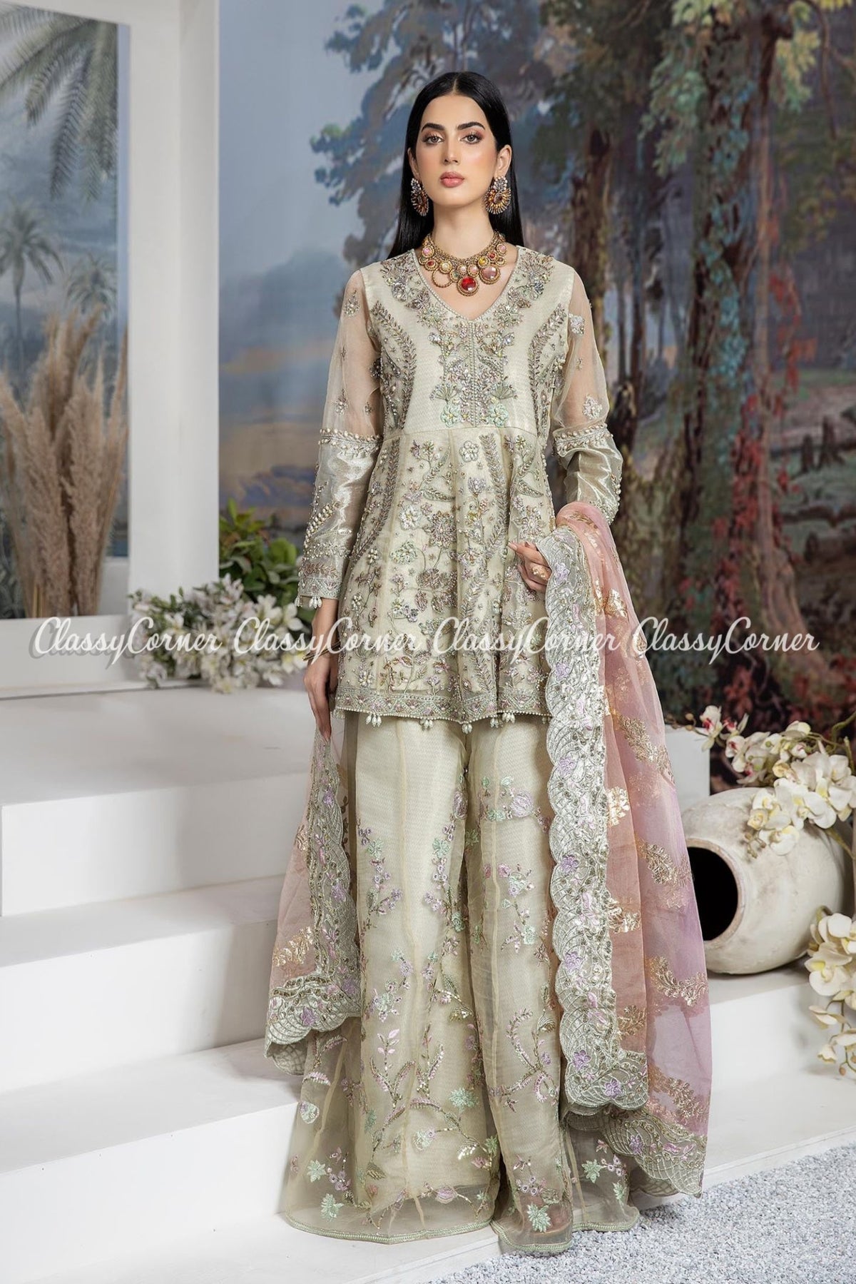 Golden Beige Pink Organza Embroidered Sharara