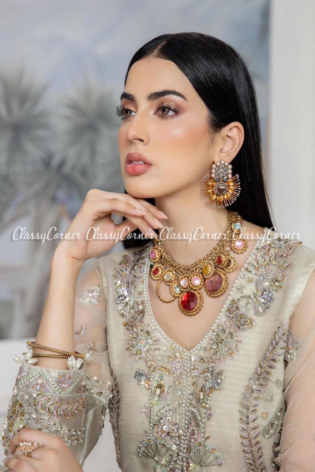 Golden Beige Pink Organza Embroidered Sharara