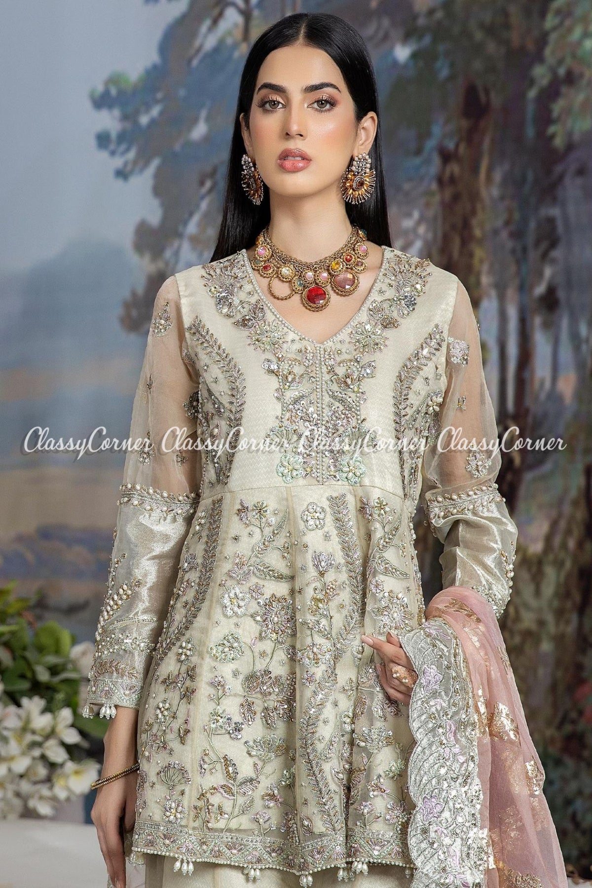 Golden Beige Pink Organza Embroidered Sharara