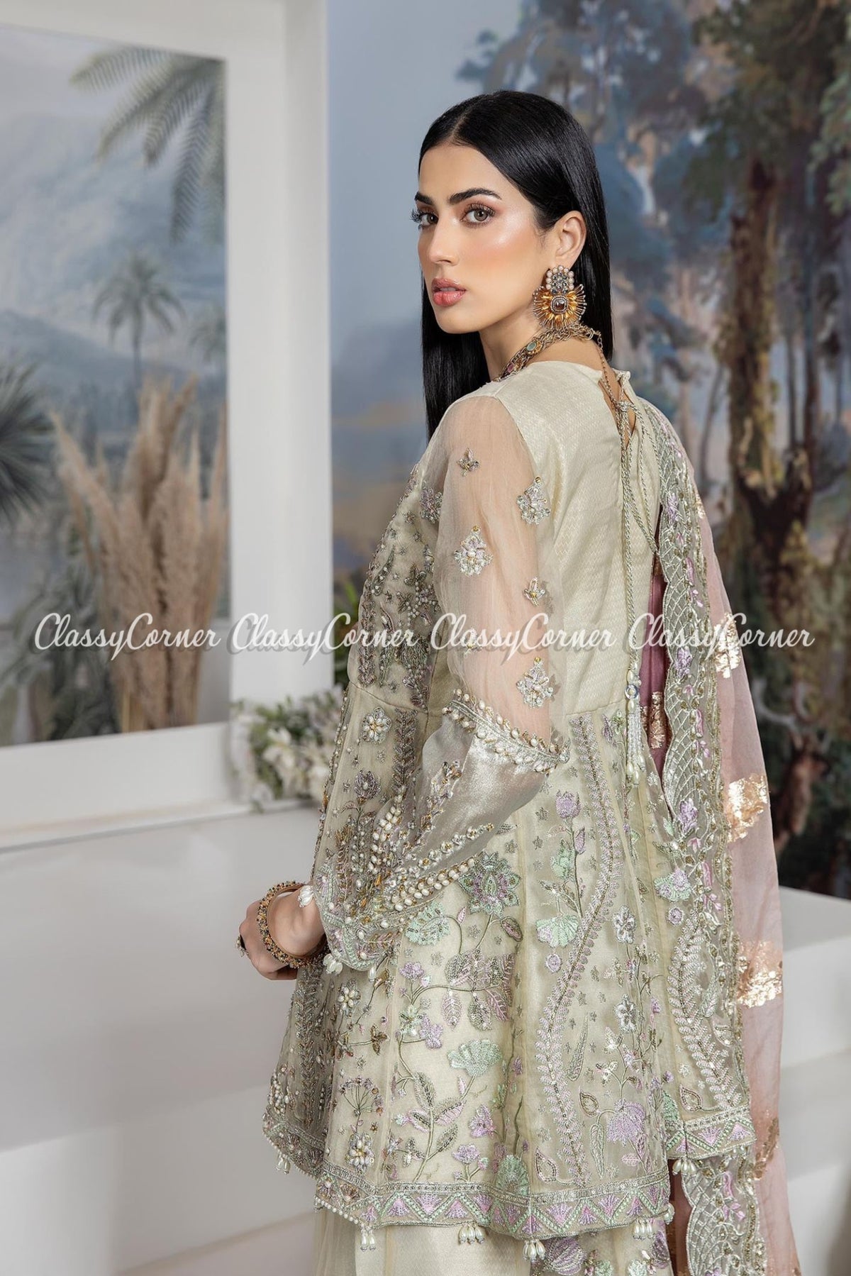 Golden Beige Pink Organza Embroidered Sharara