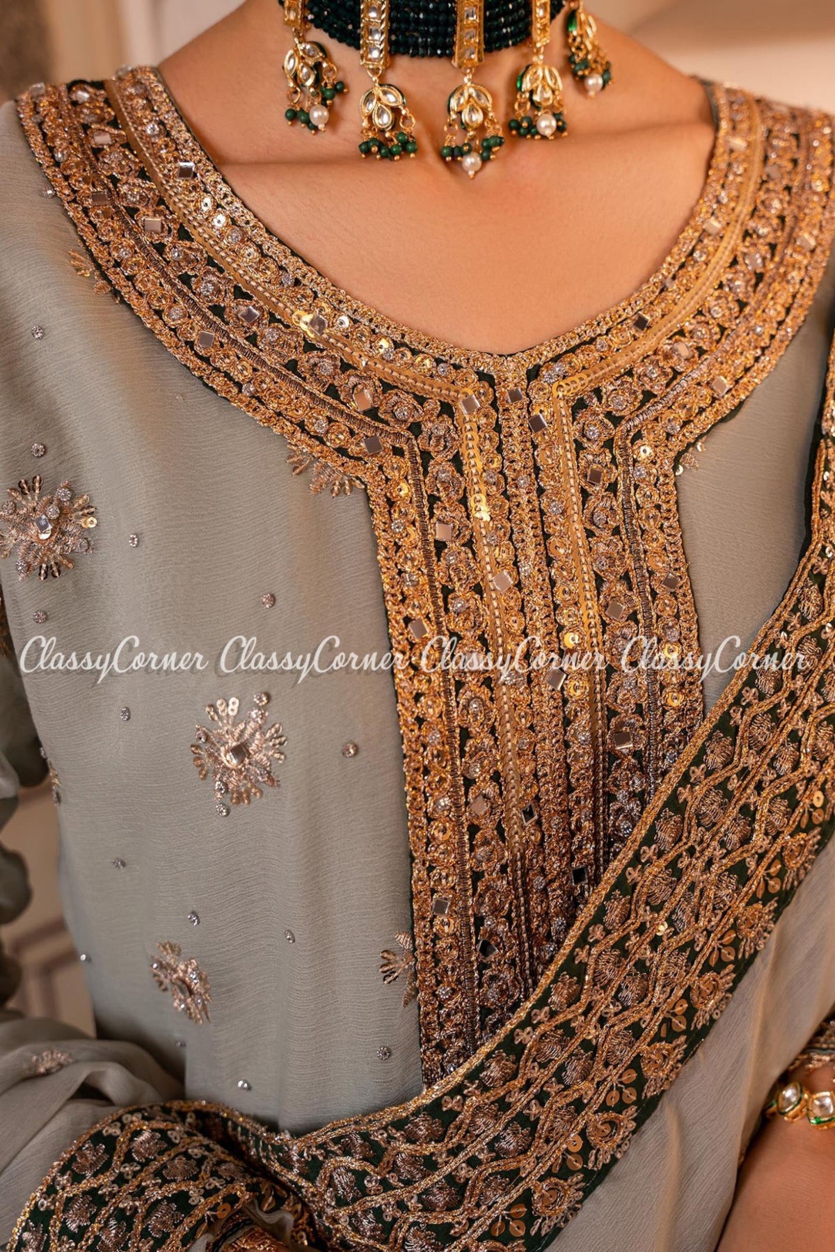 Green Golden Chiffon Embroidered Party Wear Gharara Outfit