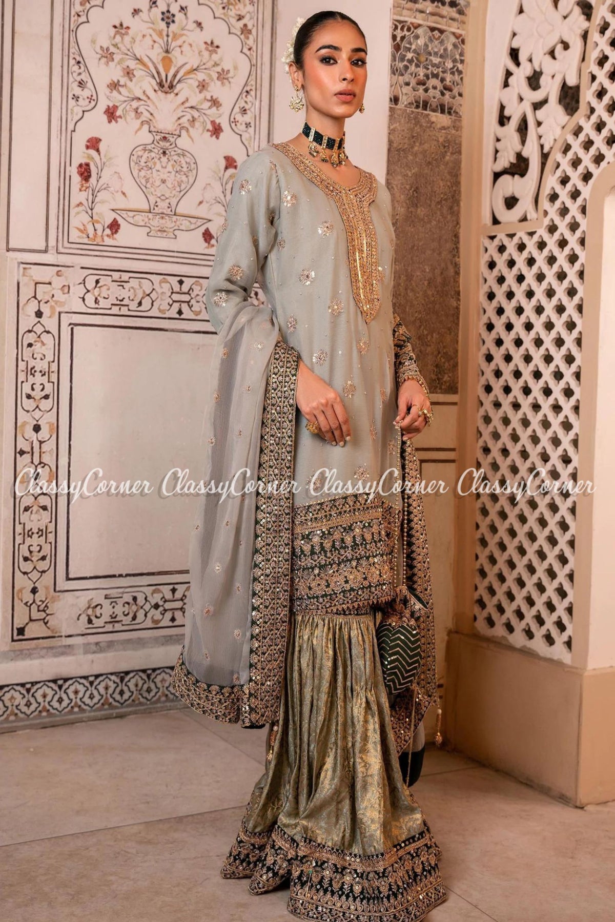 Green Golden Chiffon Embroidered Party Wear Gharara Outfit