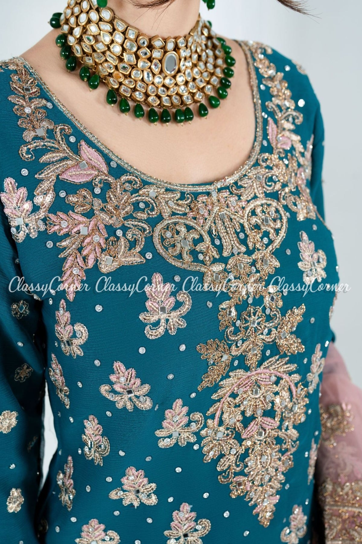 Sea Green Chiffon Embroidered Wedding Wear Gharara