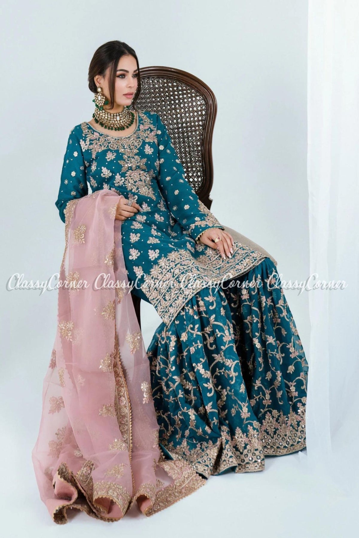 Sea Green Chiffon Embroidered Wedding Wear Gharara