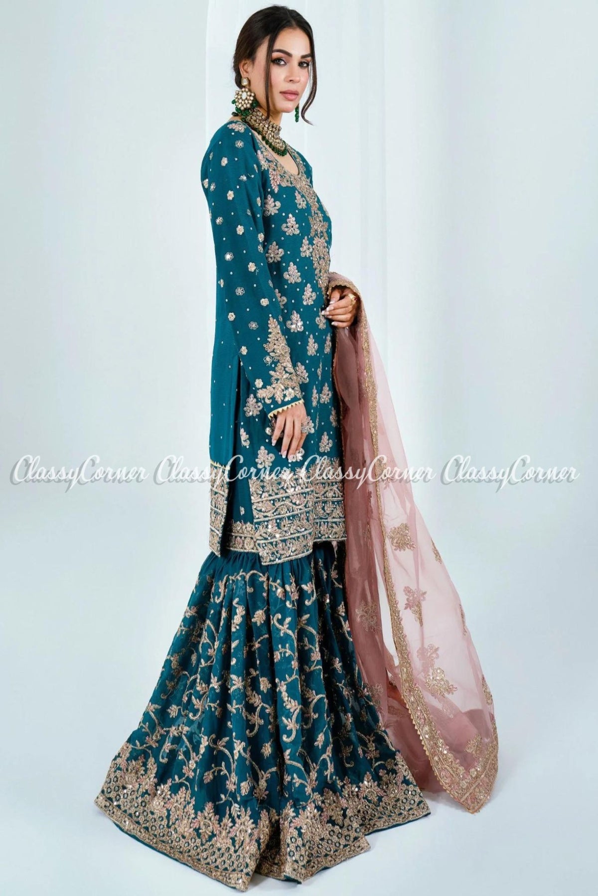 Sea Green Chiffon Embroidered Wedding Wear Gharara