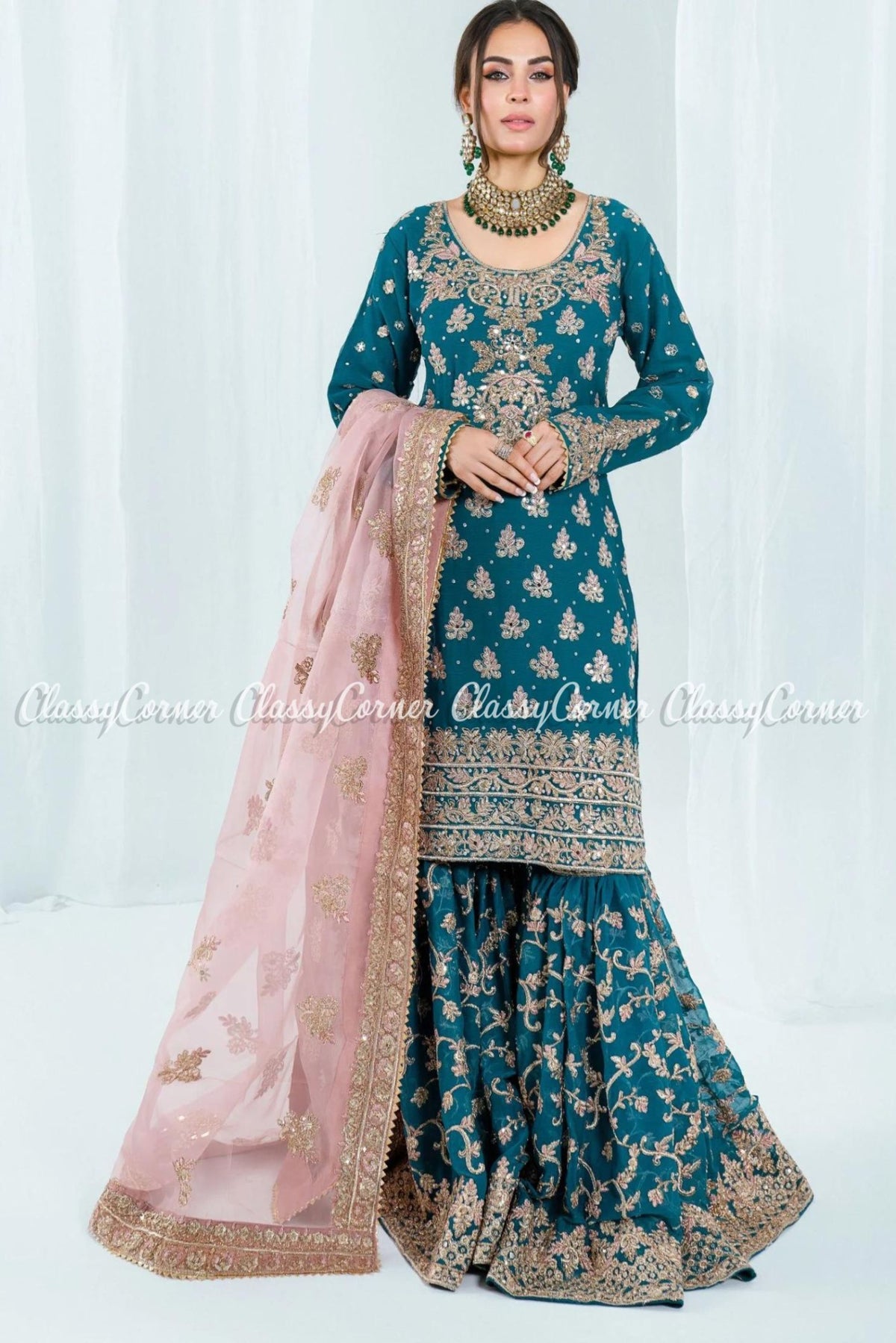 Sea Green Chiffon Embroidered Wedding Wear Gharara