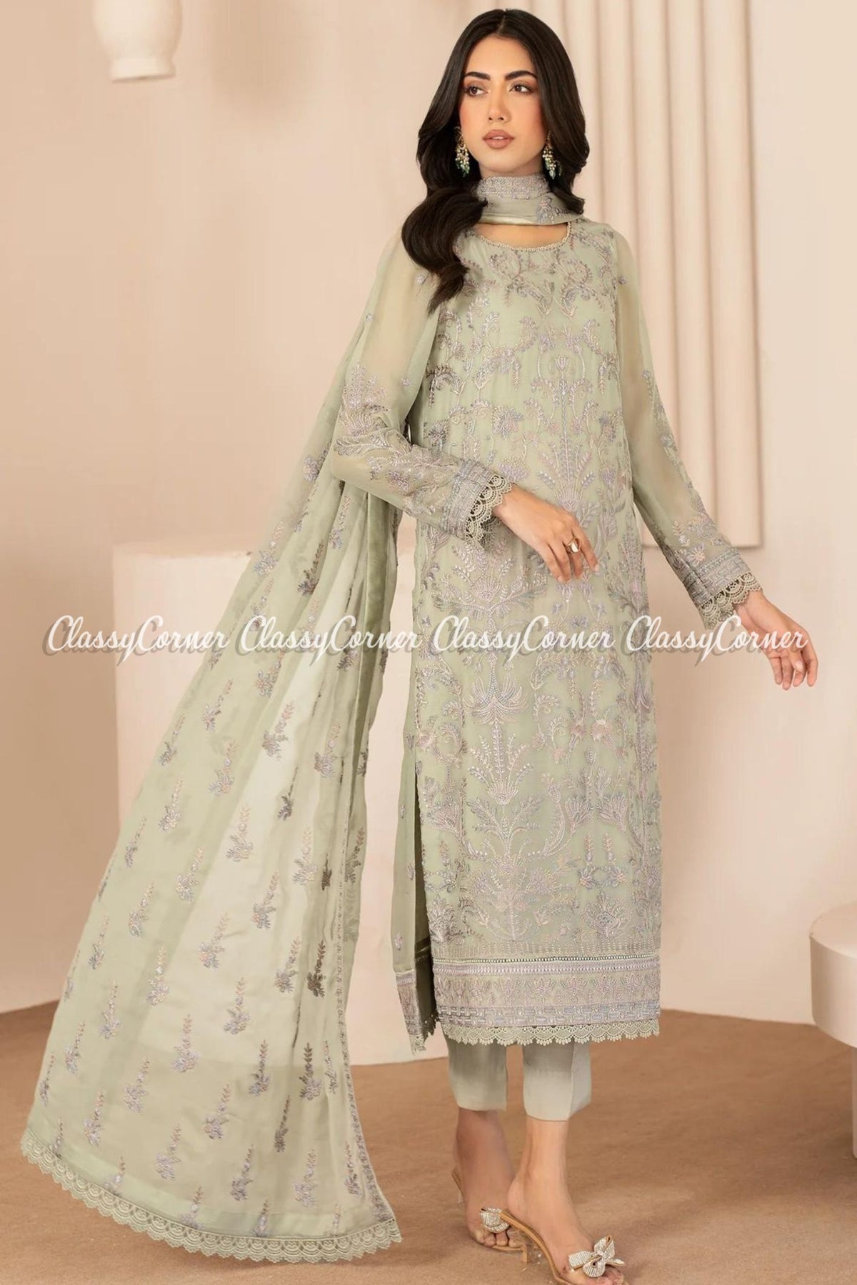 Light Green Chiffon Embroidered Formal Wear Suit