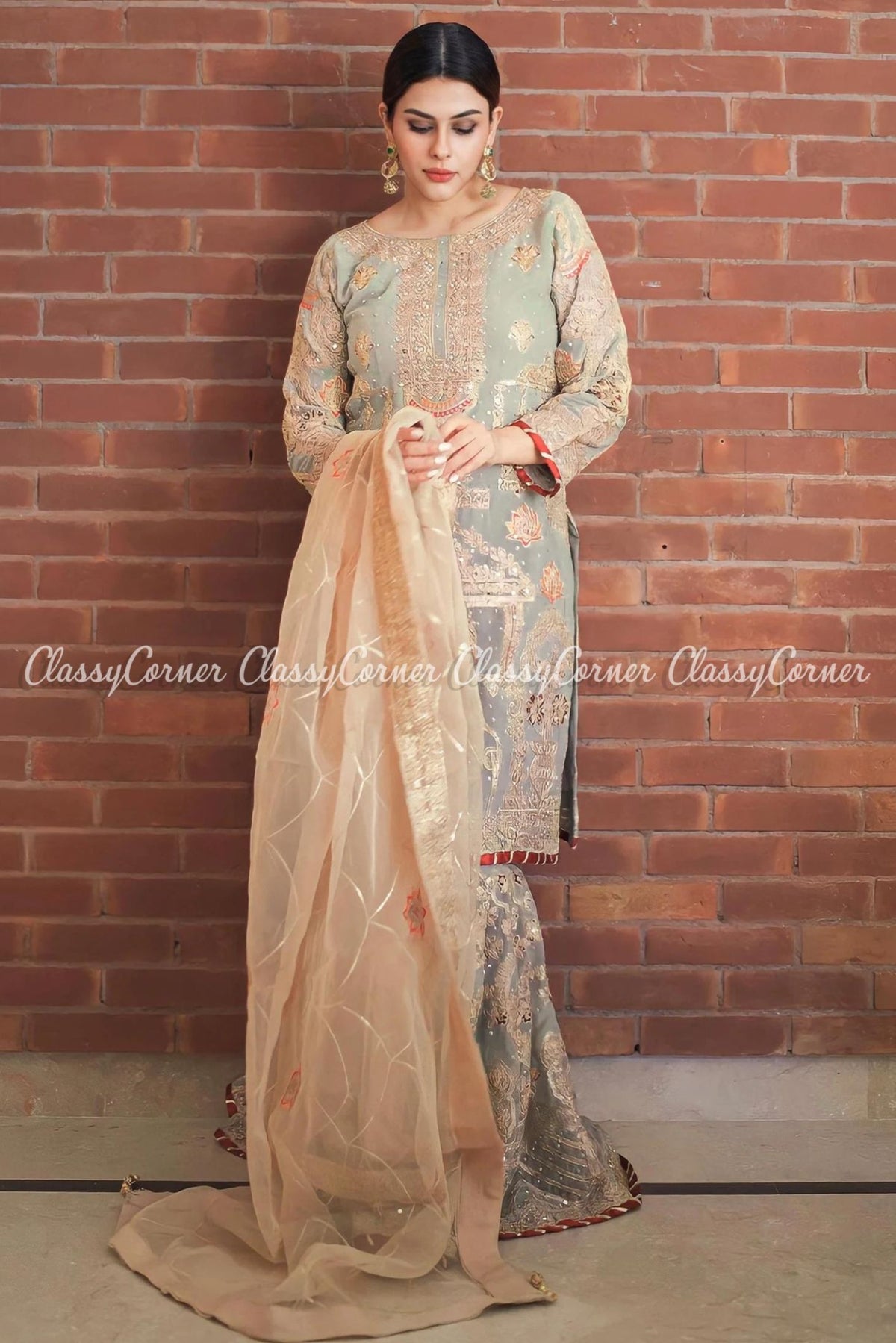 Mint Green Chiffon Embroidered Party Wear Gharara