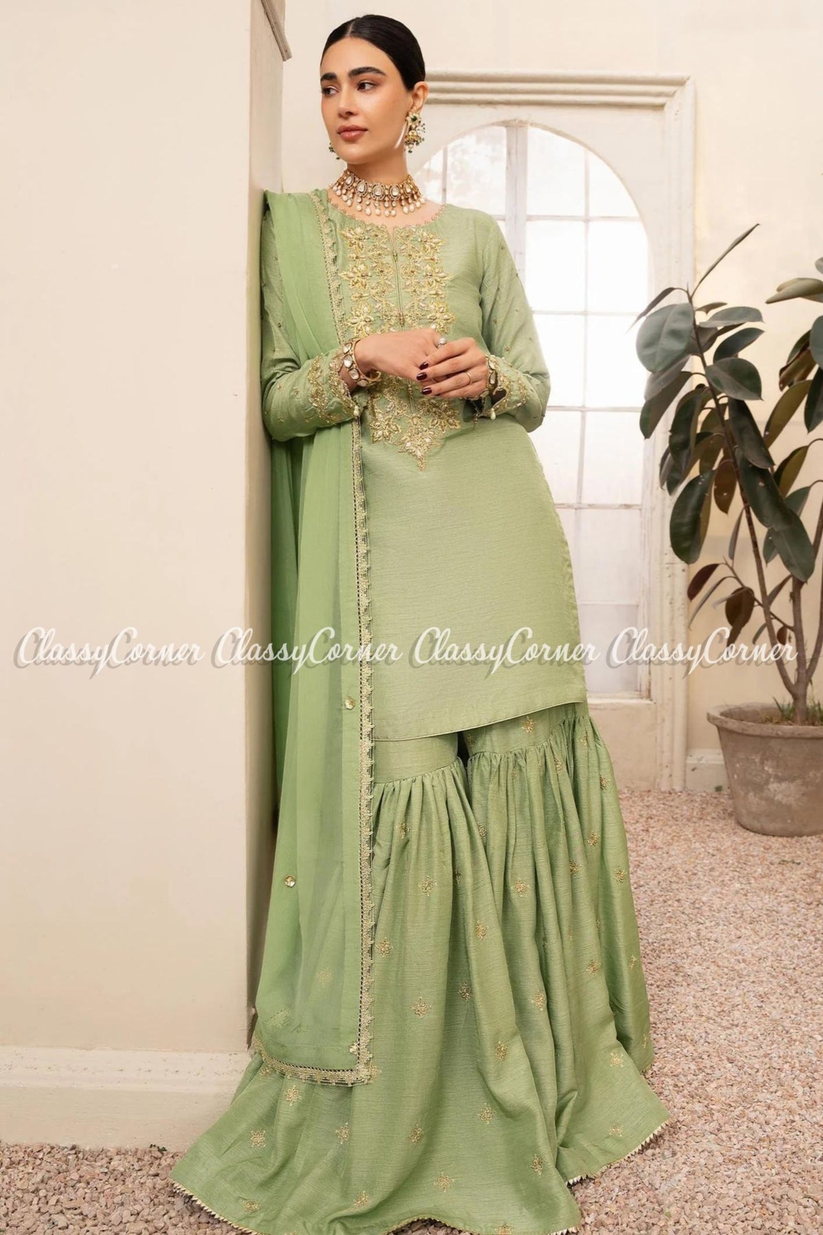 Green Khaddi Silk Pakistani Readymade Gharara