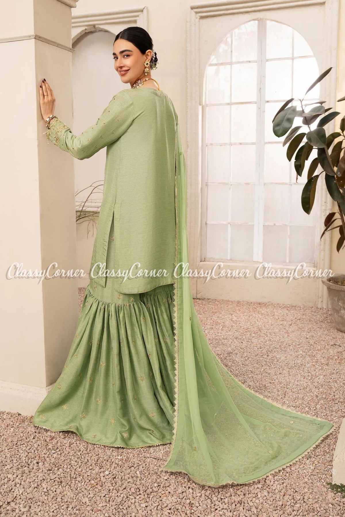 Green Khaddi Silk Pakistani Readymade Gharara