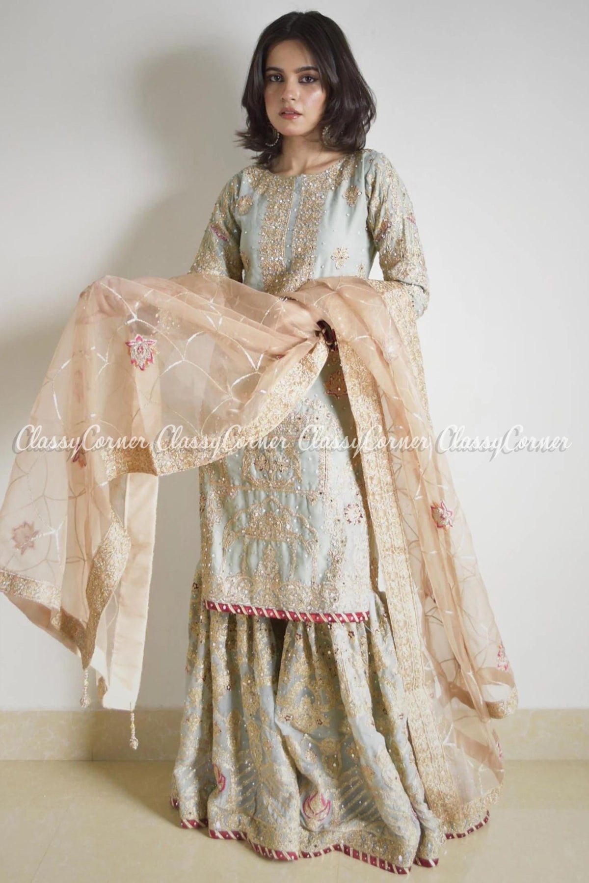 Mint Green Chiffon Embroidered Party Wear Gharara