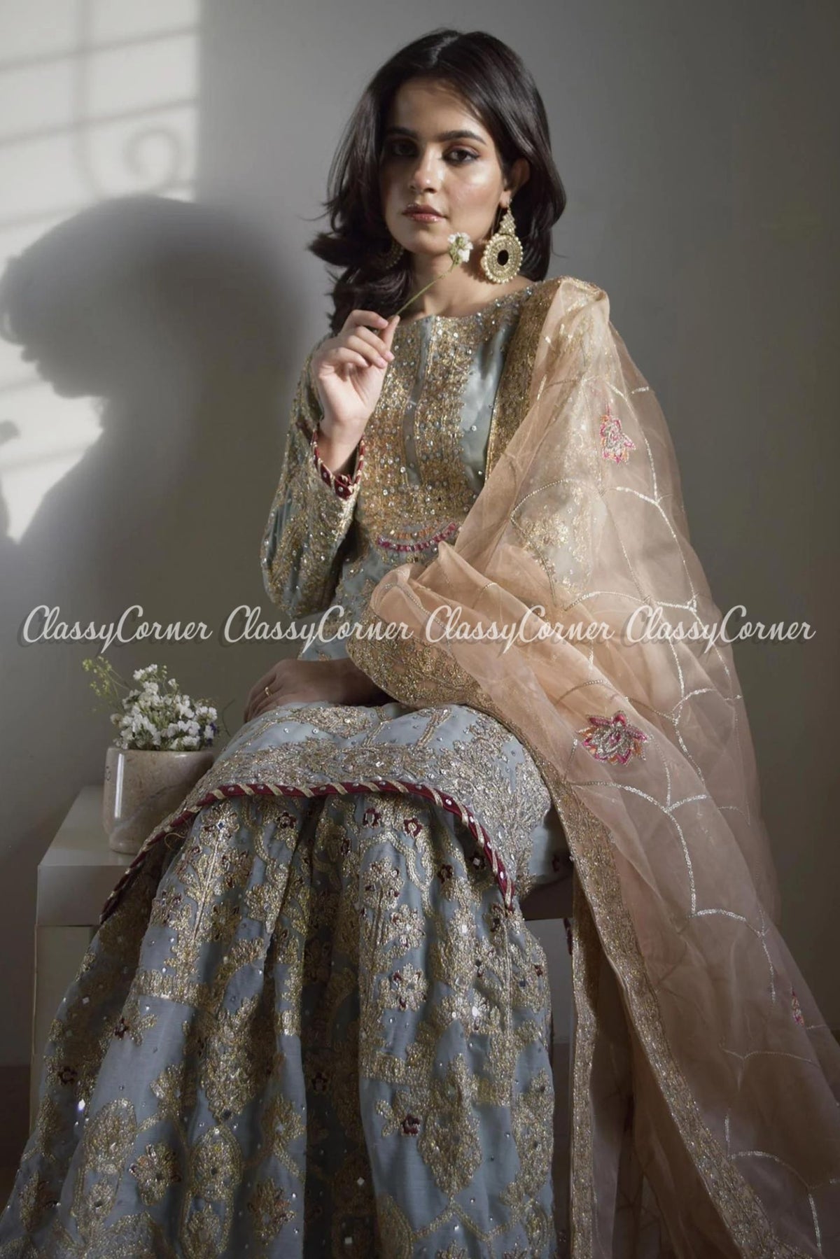 Mint Green Chiffon Embroidered Party Wear Gharara