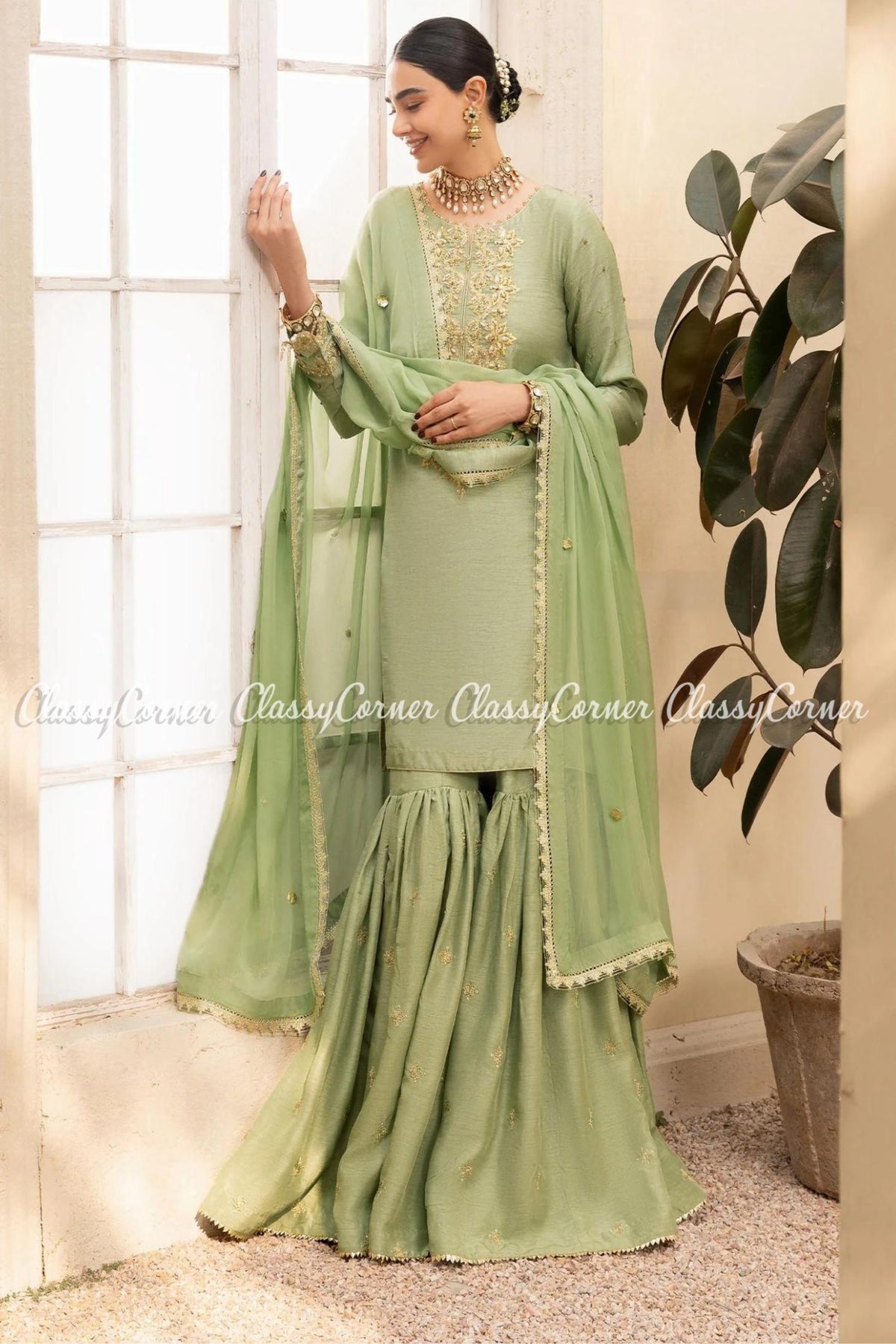 Green Khaddi Silk Pakistani Readymade Gharara