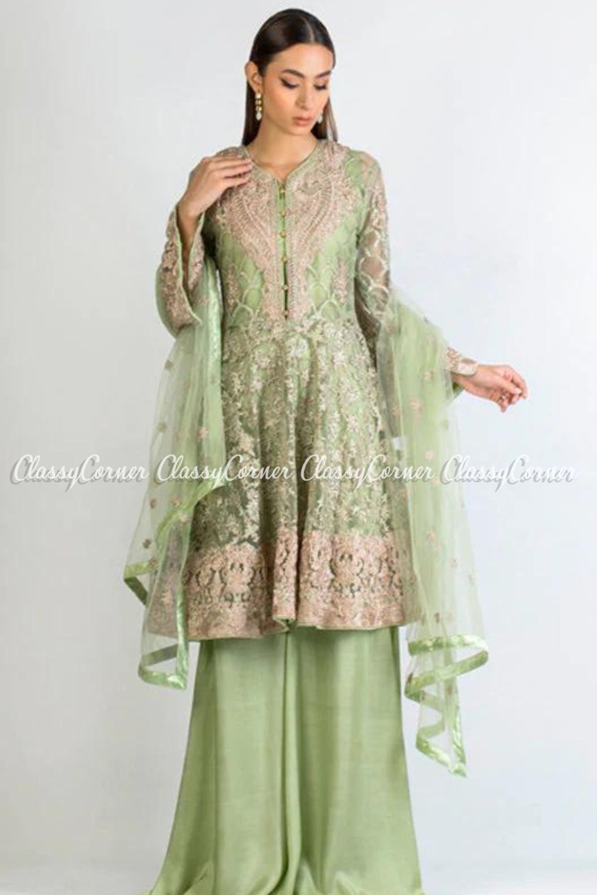 Pastel Green Net Embellished Party Wear Gharara