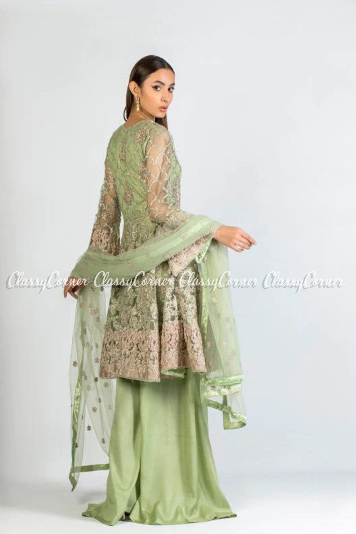 Pastel Green Net Embellished Party Wear Gharara