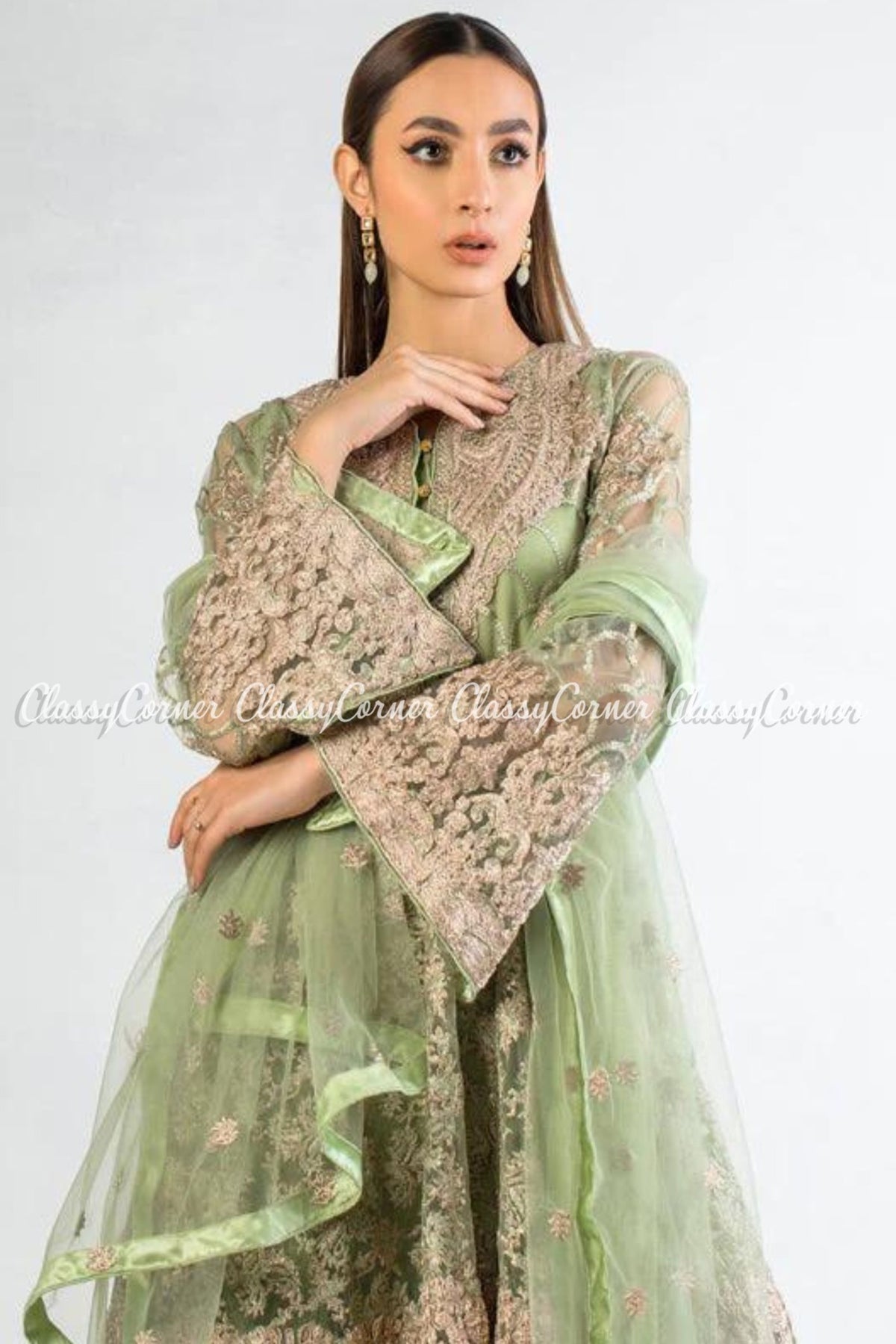 Pastel Green Net Embellished Party Wear Gharara