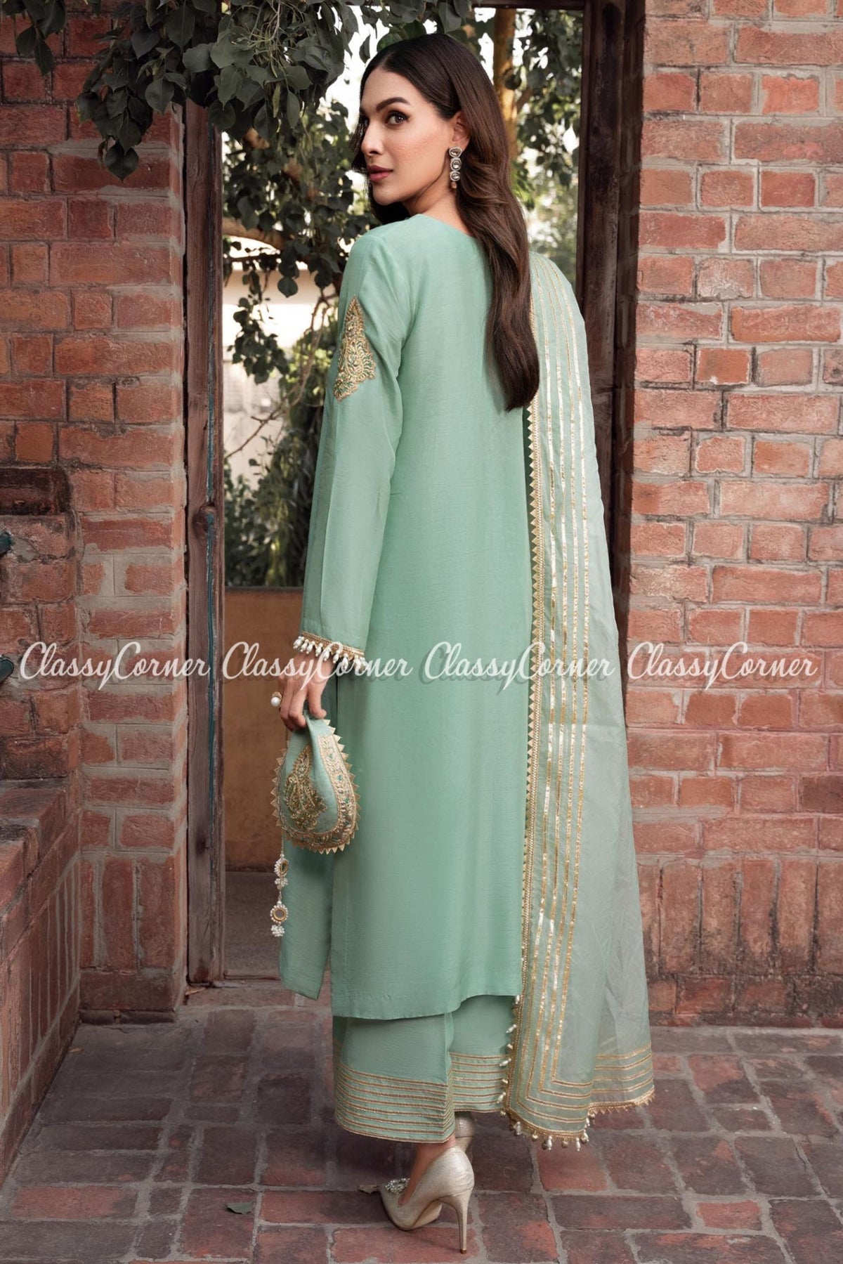 Pastel Green Khaddi Silk Party Wear Outfit