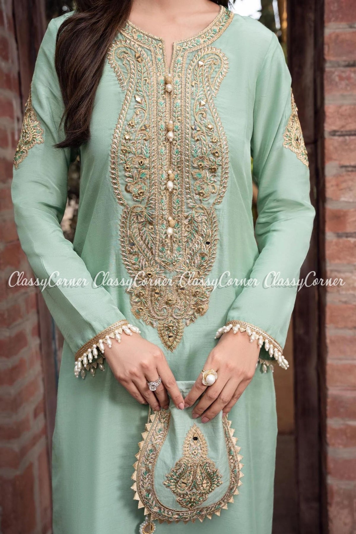 Pastel Green Khaddi Silk Party Wear Outfit