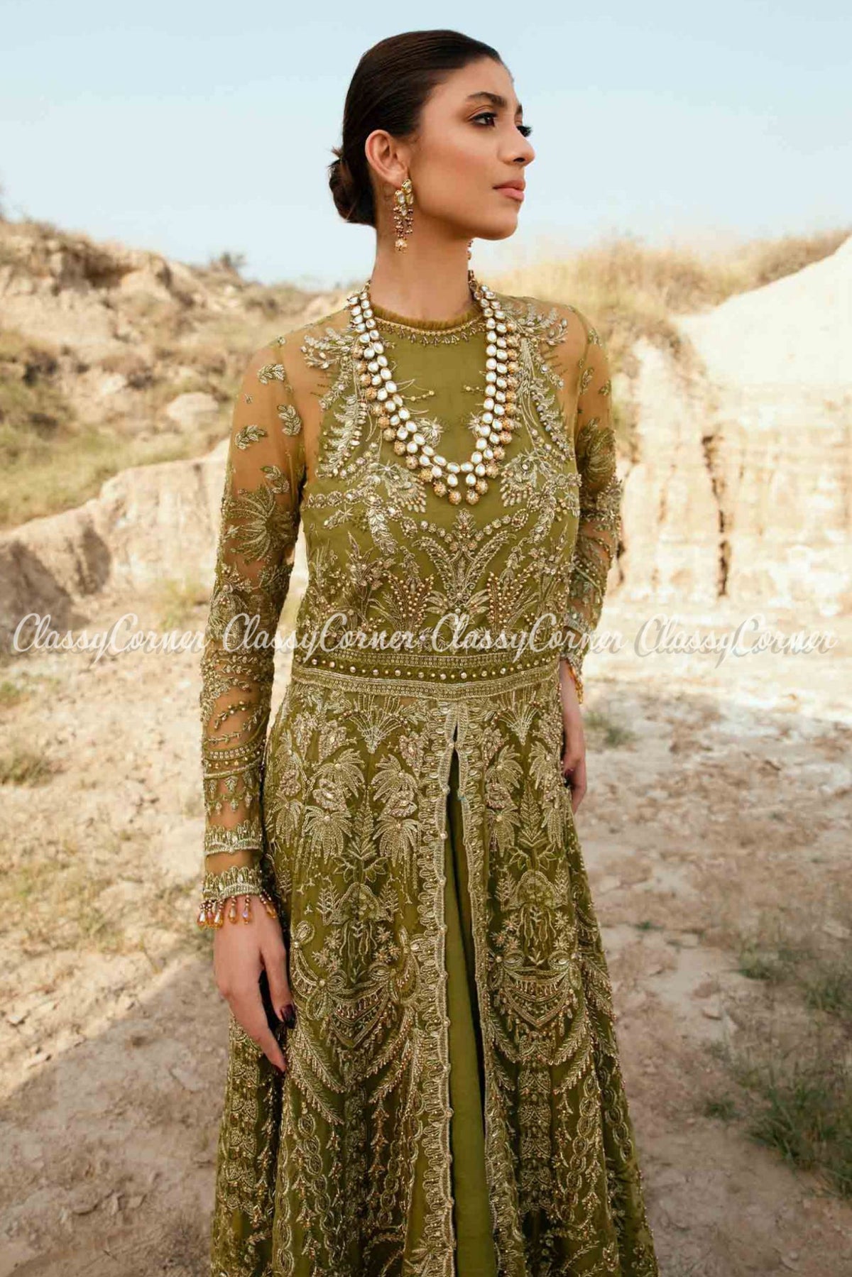 Green Net Embroidered Wedding Wear Gown