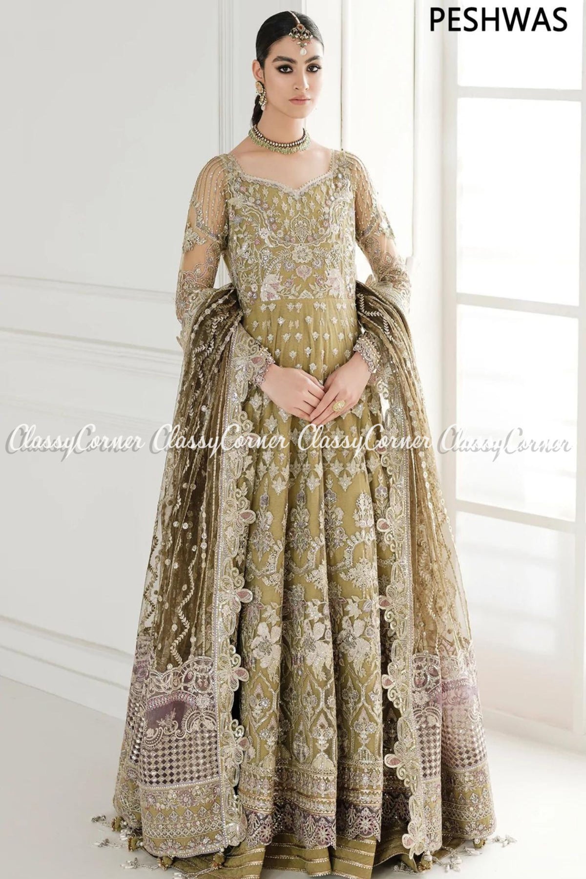 Olive Green Net Embroidered Party Wear Gown Outfits