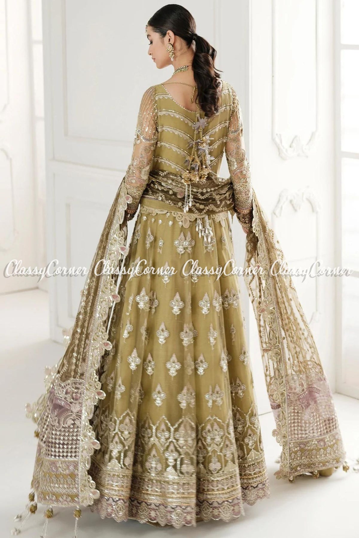 Olive Green Net Embroidered Party Wear Gown Outfits