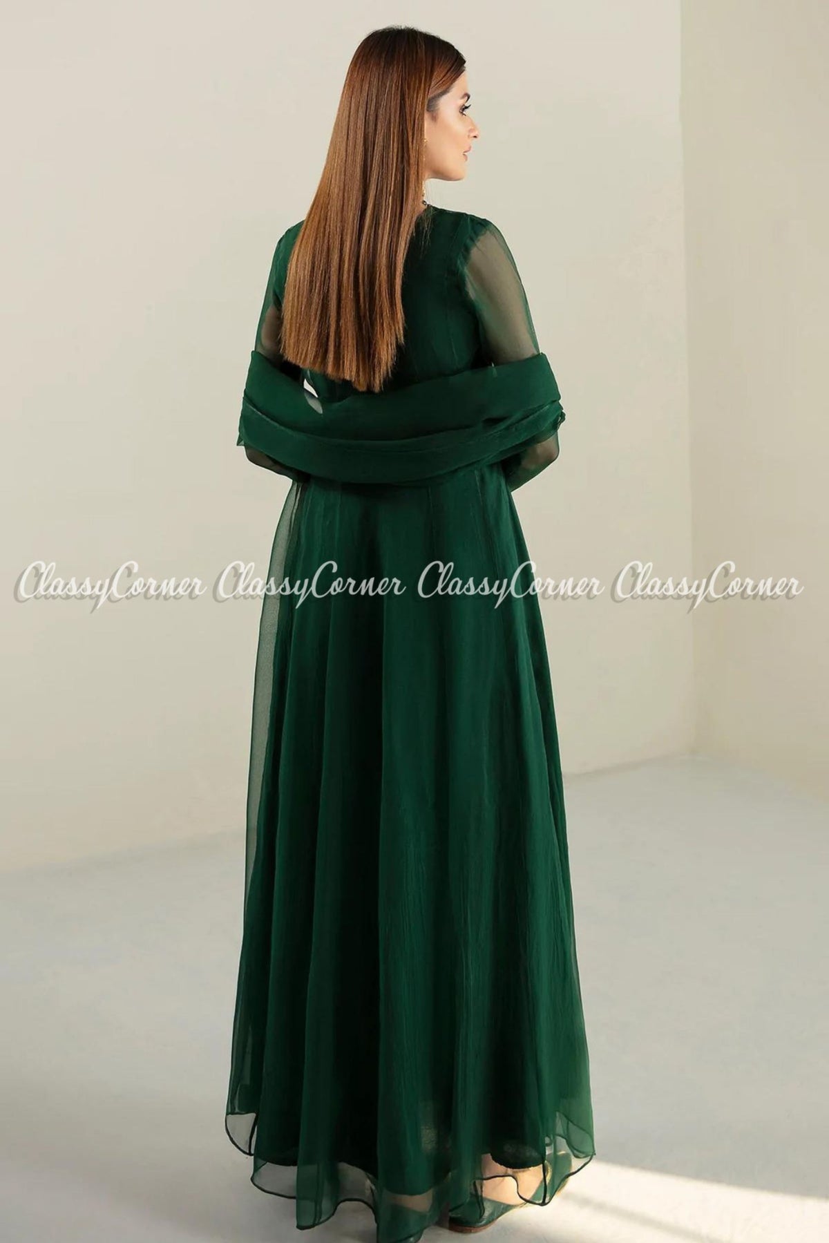 Green Plain Chiffon Pakistani Frock Maxi Dress