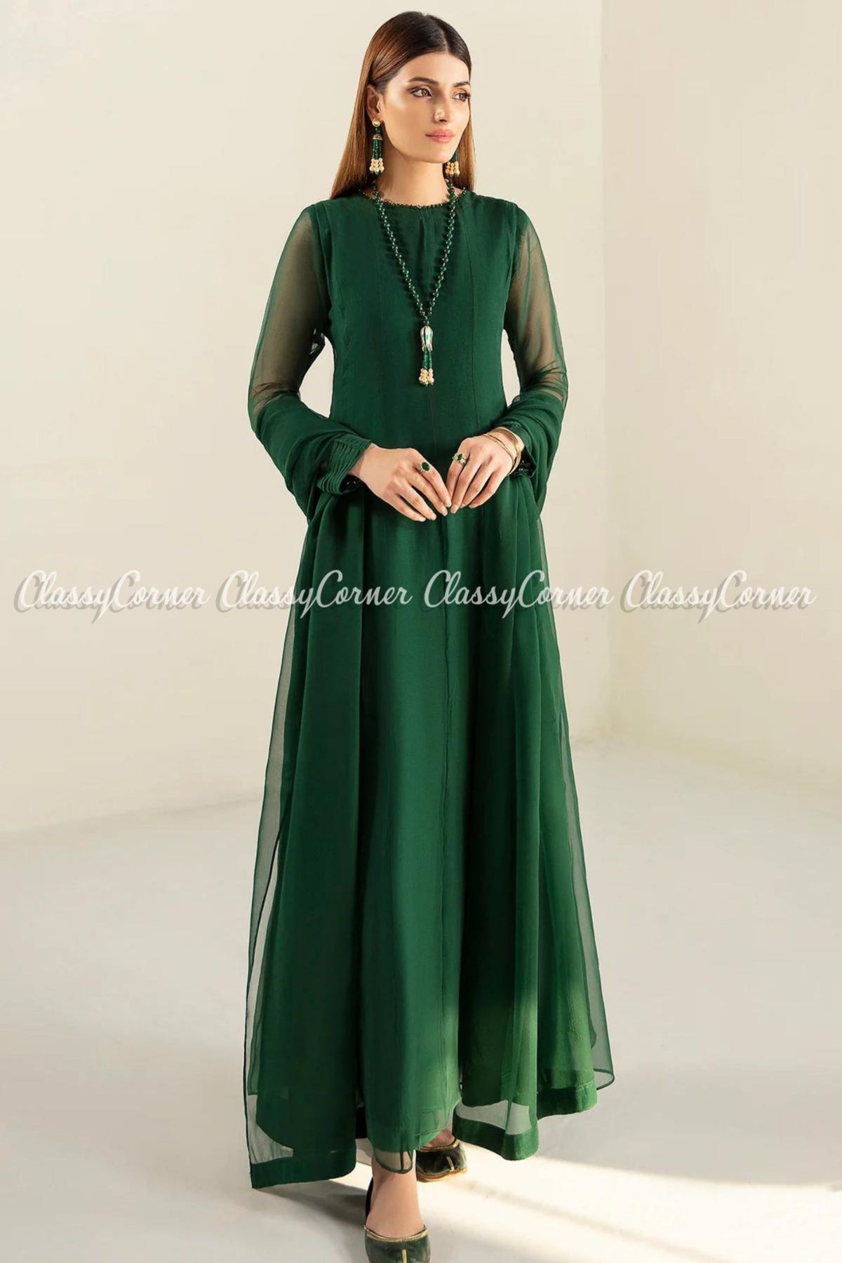 Green Plain Chiffon Pakistani Frock Maxi Dress