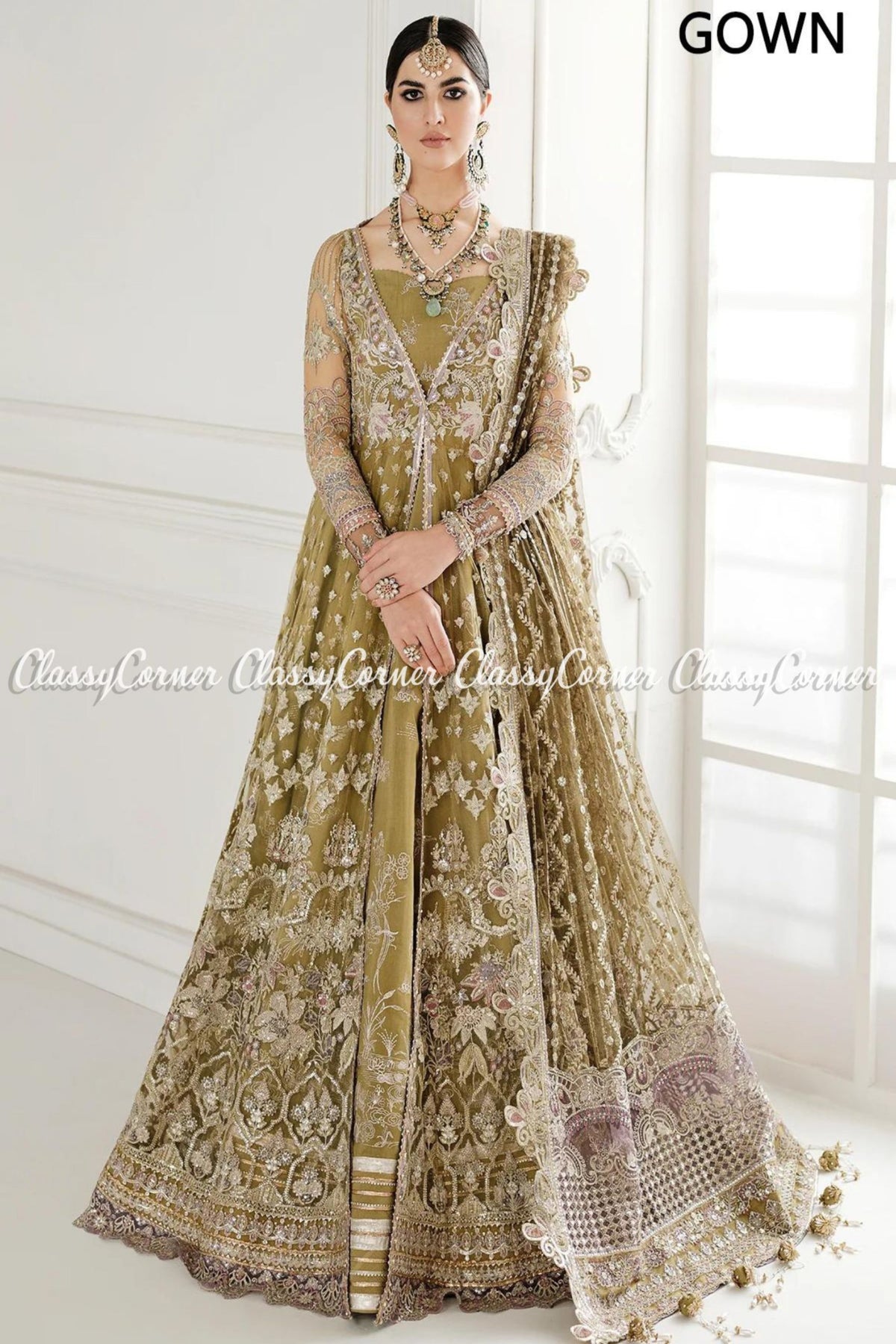 Olive Green Net Embroidered Party Wear Gown Outfits