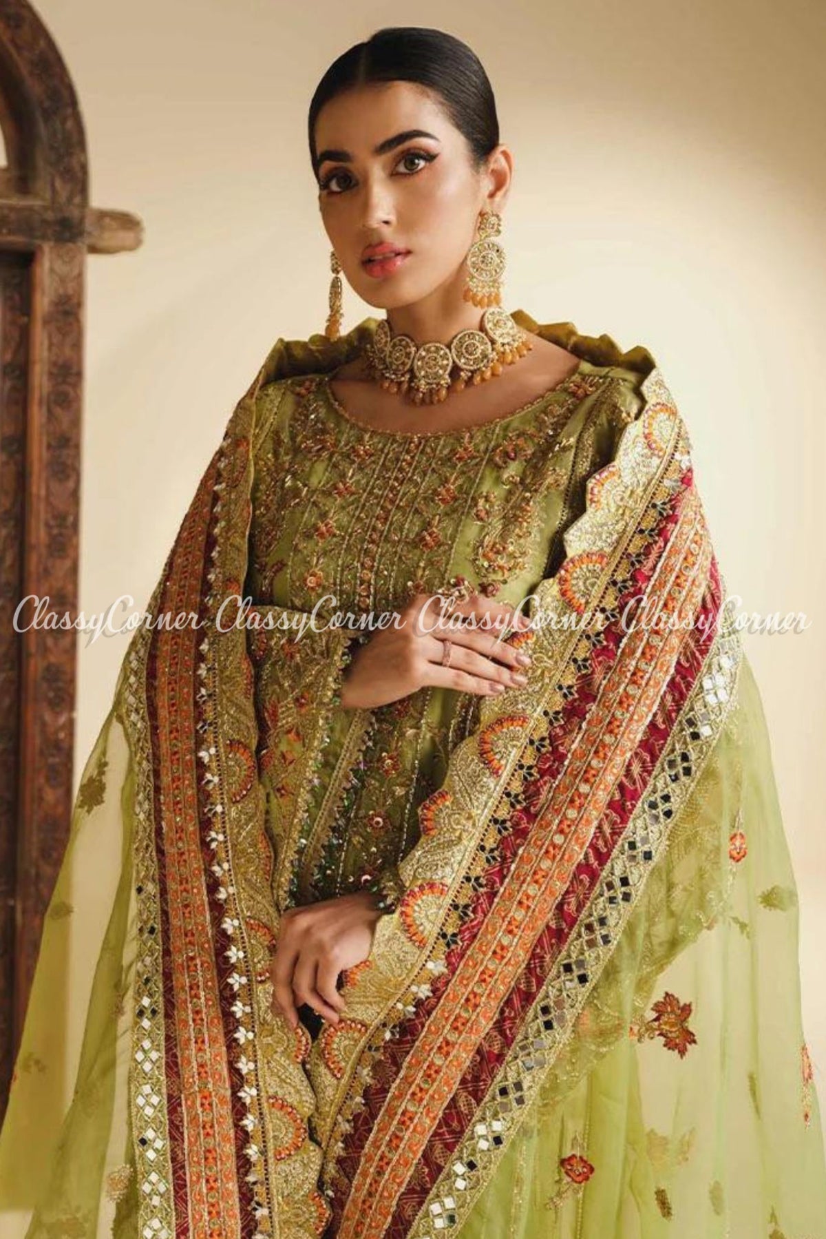 Green Orange Organza Embellished Wedding Wear Salwar Kameez