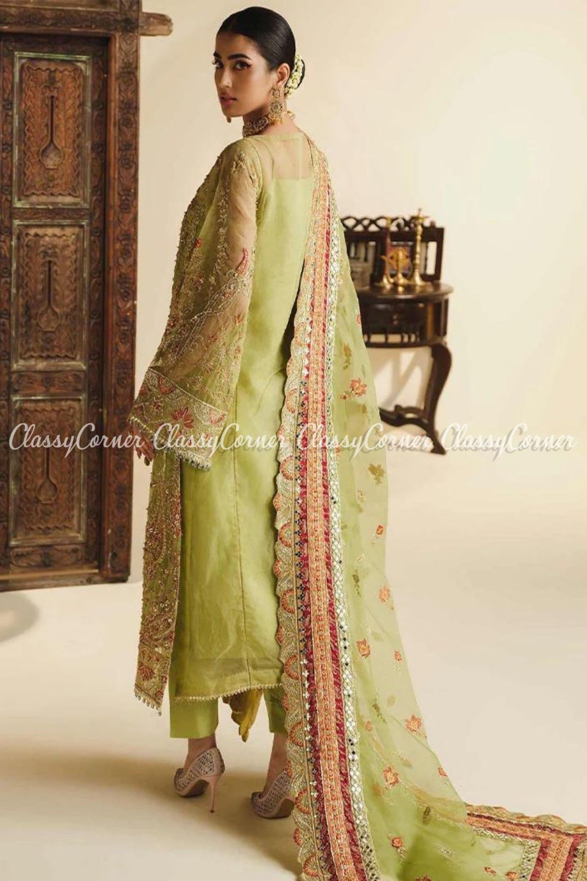 Green Orange Organza Embellished Wedding Wear Salwar Kameez