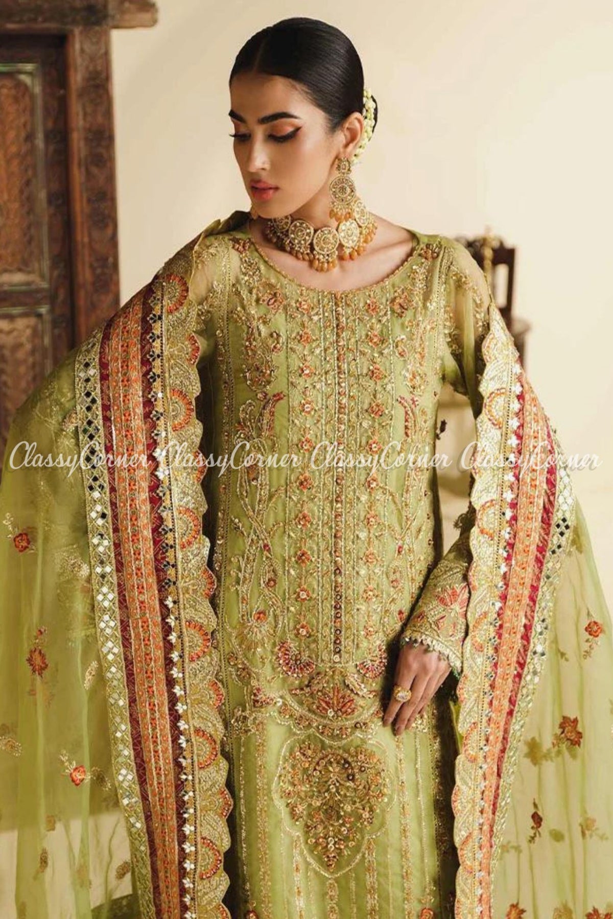 Green Orange Organza Embellished Wedding Wear Salwar Kameez