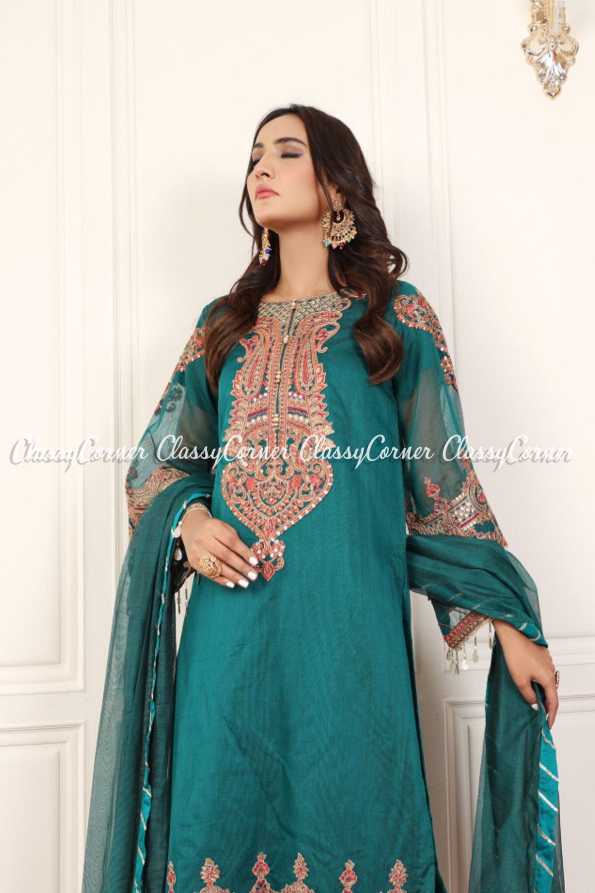 Green Organza Net Embroidered Formal Wear Salwar Kameez