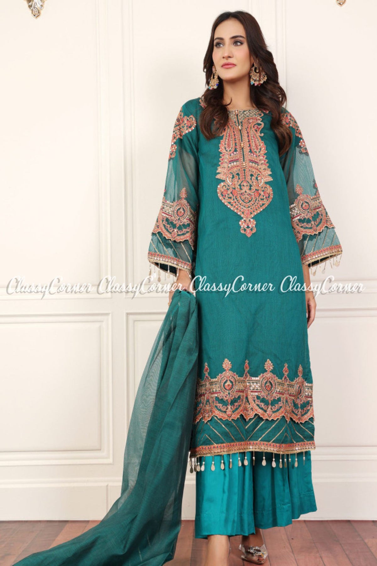 Green Organza Net Embroidered Formal Wear Salwar Kameez