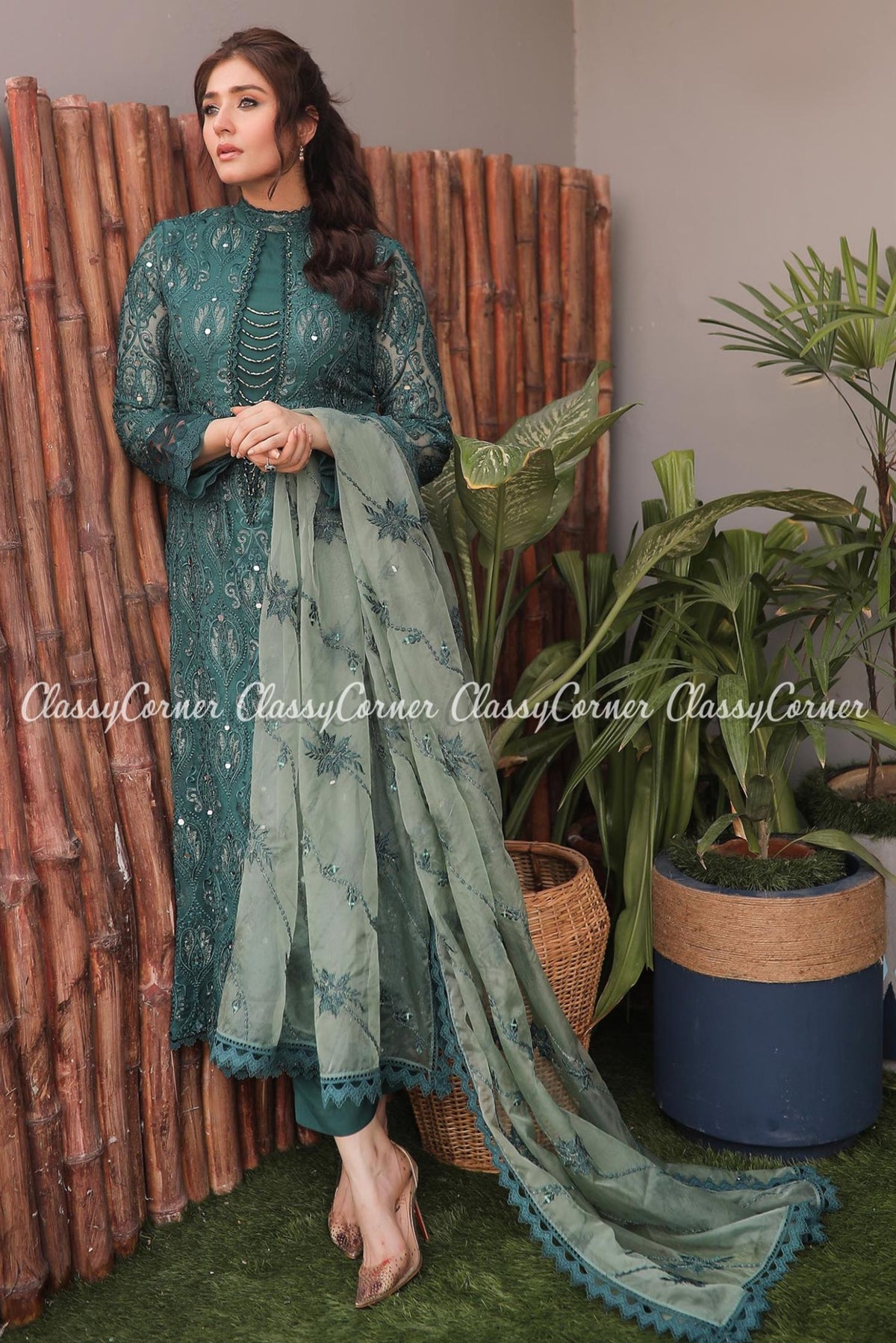 Dark Green Organza Party Wear Salwar Kameez