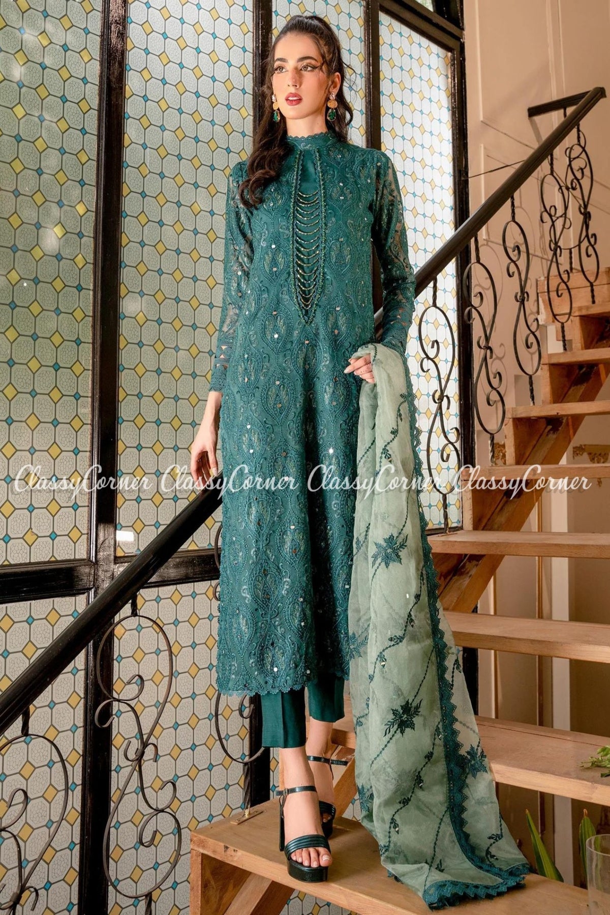 Dark Green Organza Party Wear Salwar Kameez