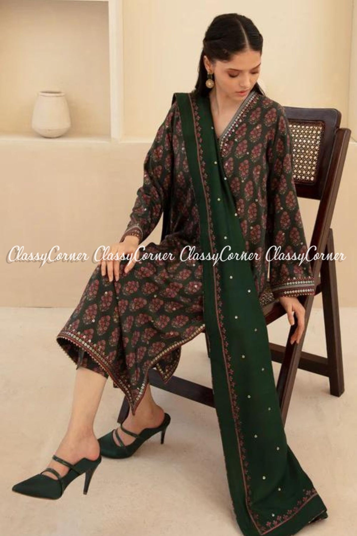 Bottle Green Digital Printed Viscose Salwar Kameez