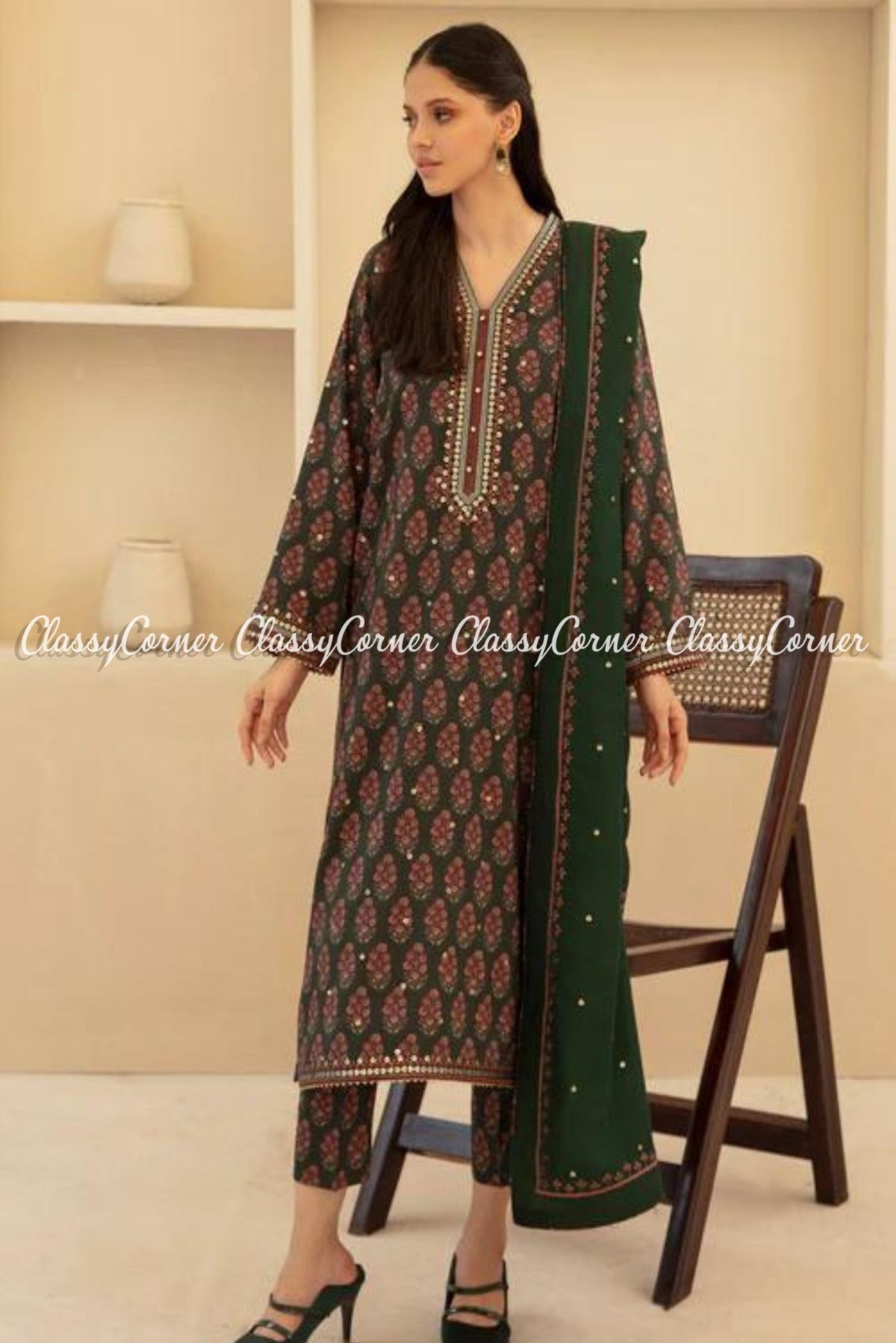 Bottle Green Digital Printed Viscose Salwar Kameez