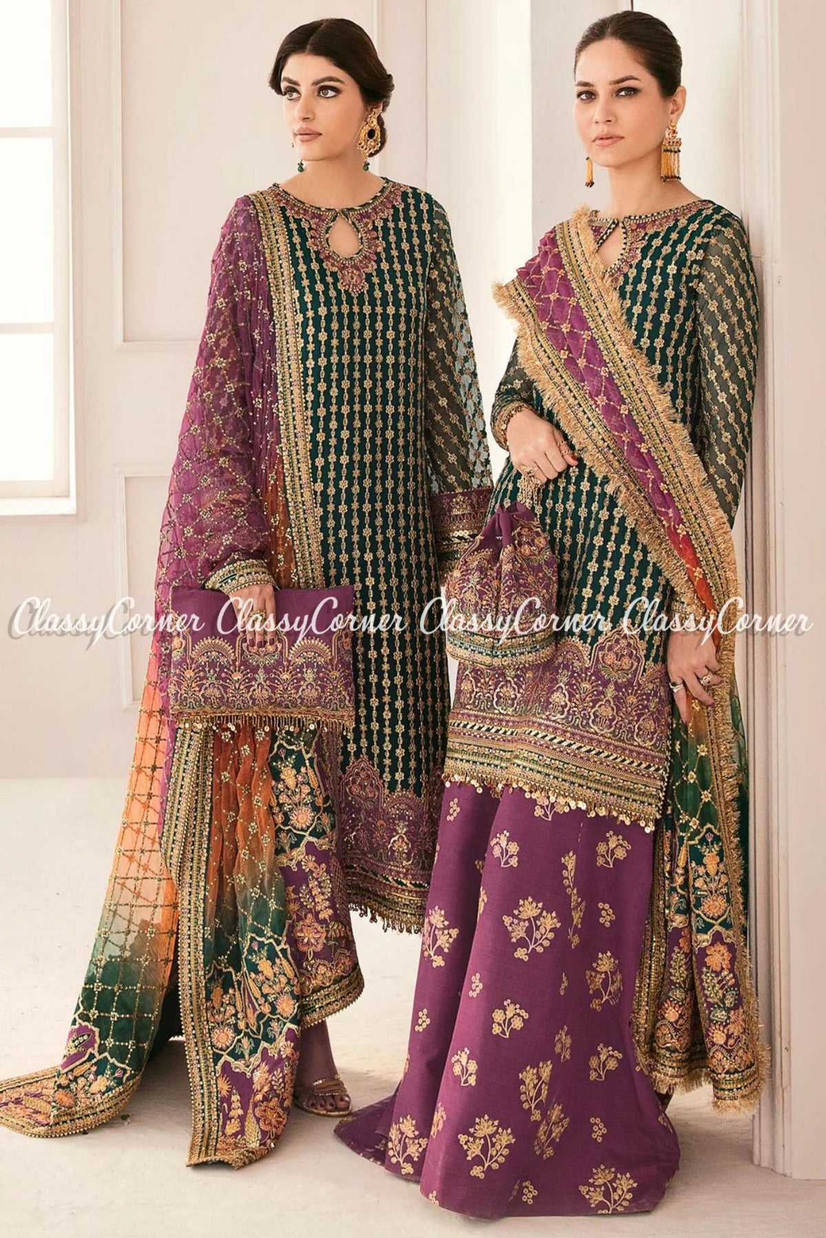 Pakistani Green Purple Chiffon Embroidered Salwar Kameez Saharara