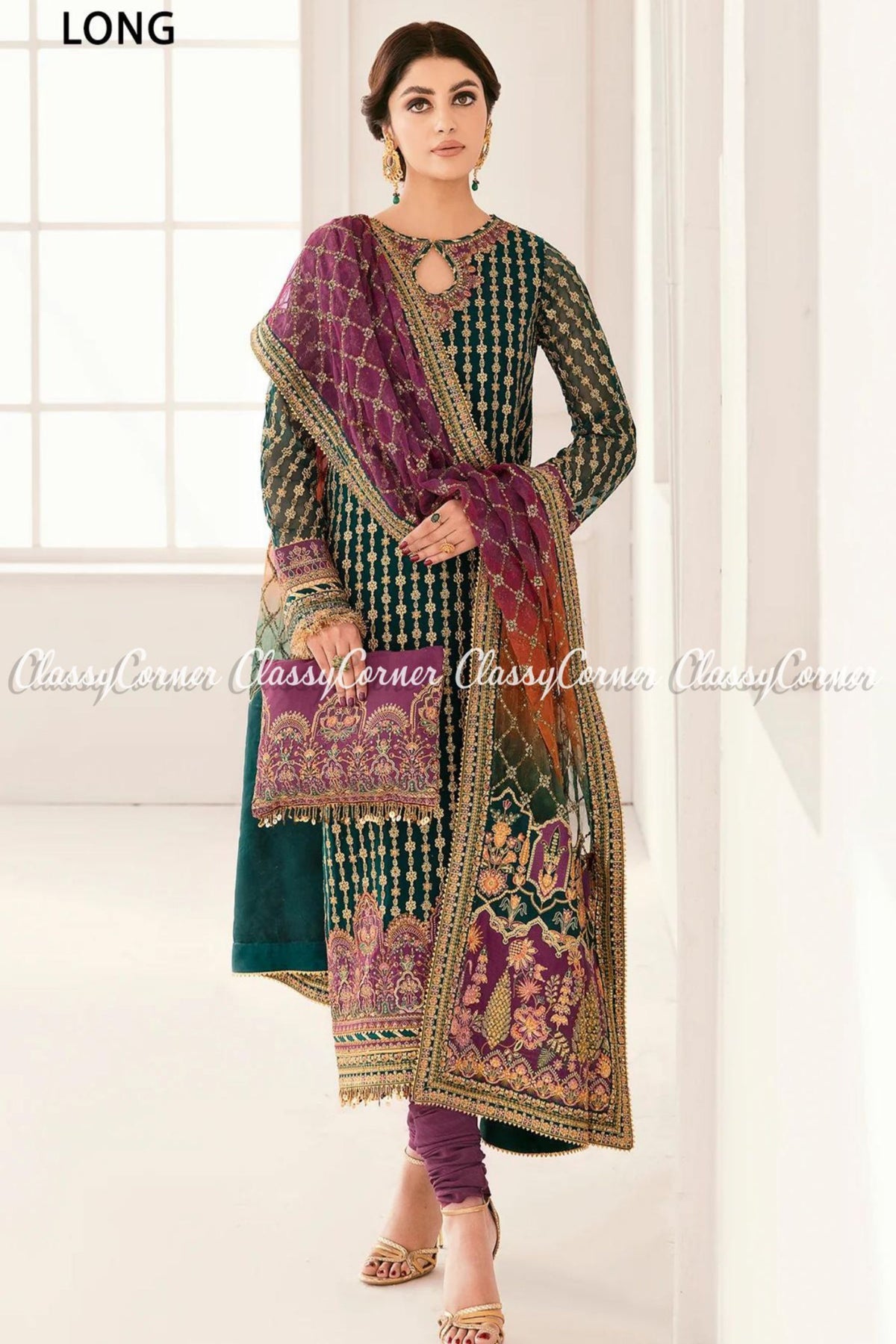 Pakistani Green Purple Chiffon Embroidered Salwar Kameez Saharara