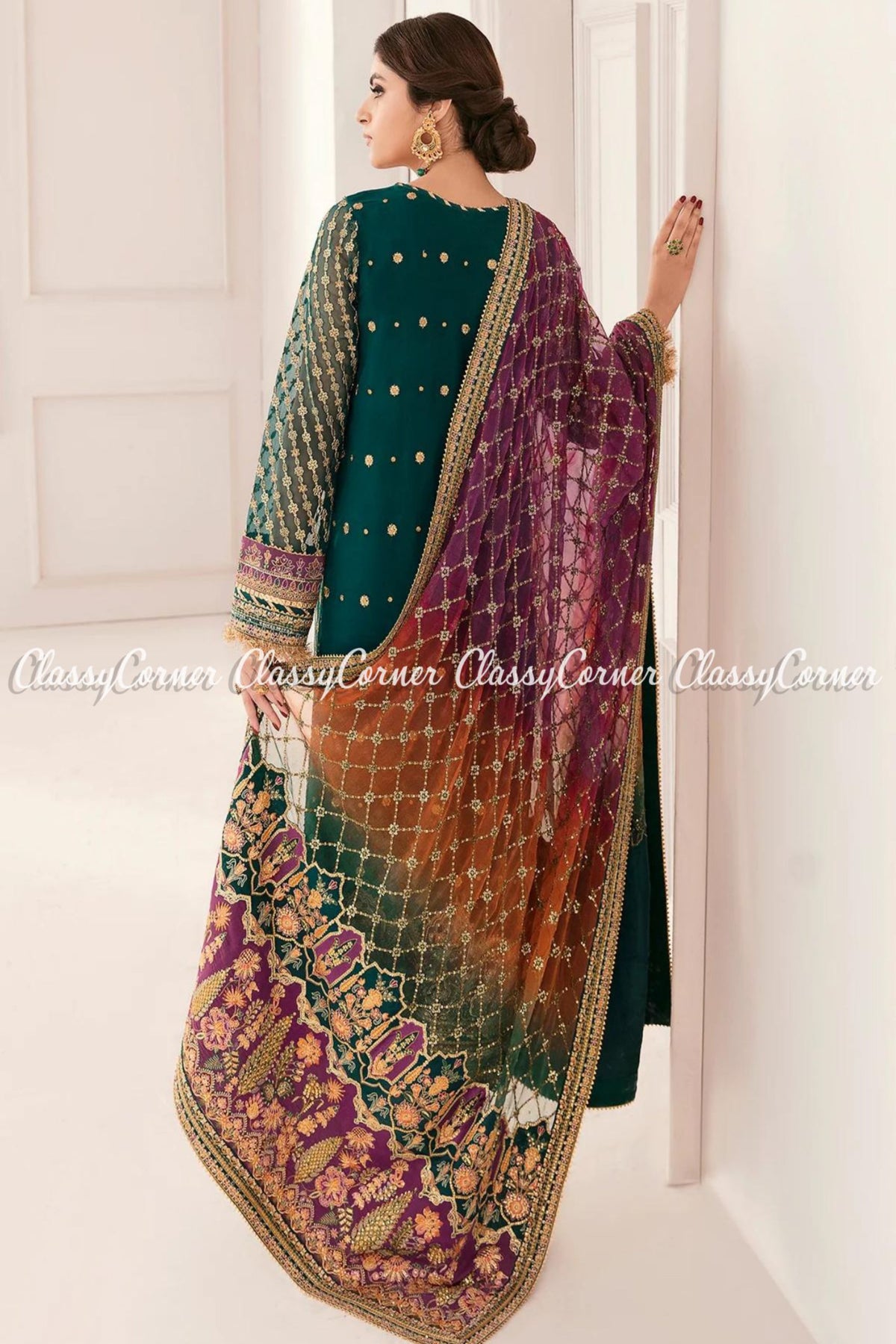 Pakistani Green Purple Chiffon Embroidered Salwar Kameez Saharara