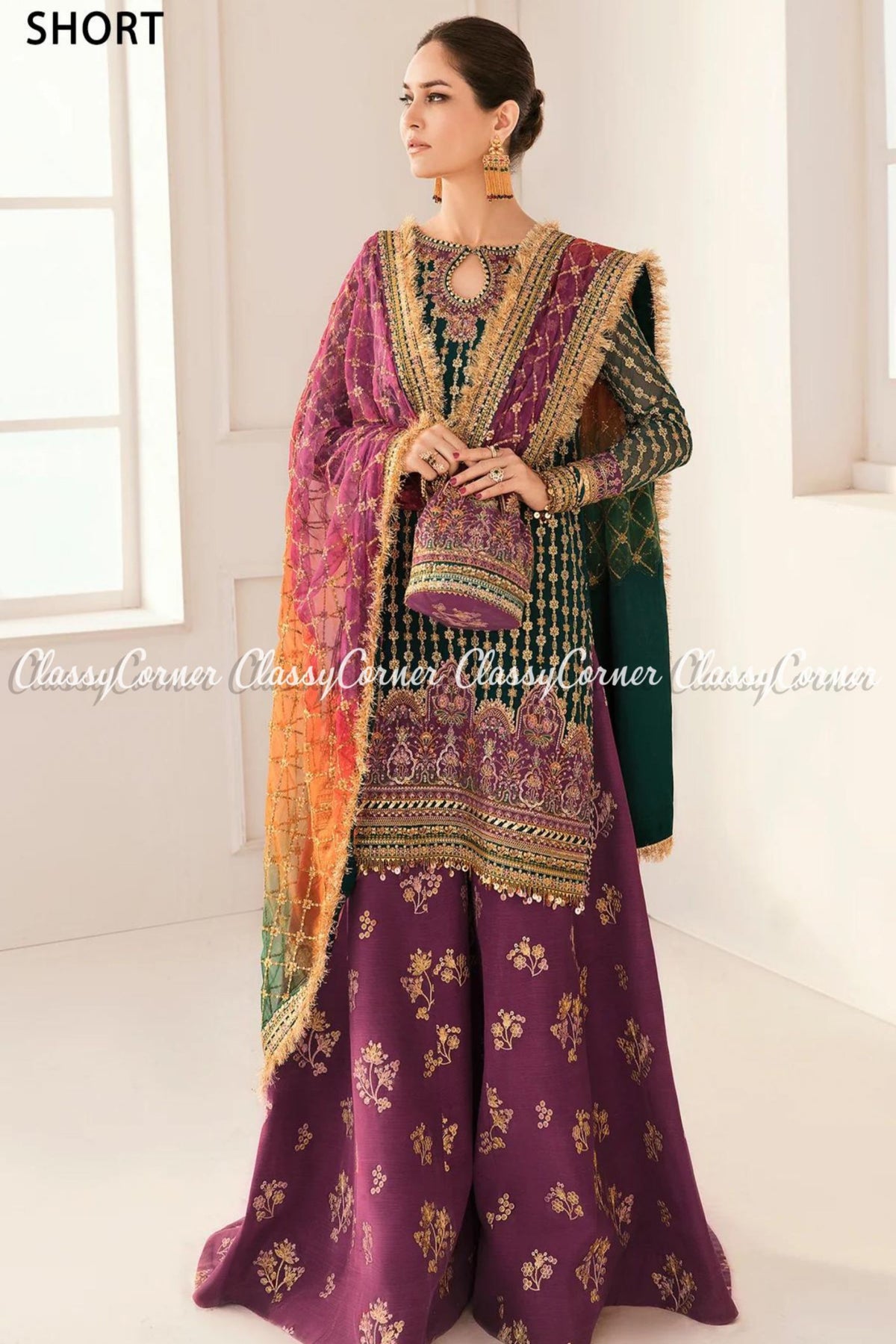 Pakistani Green Purple Chiffon Embroidered Salwar Kameez Saharara