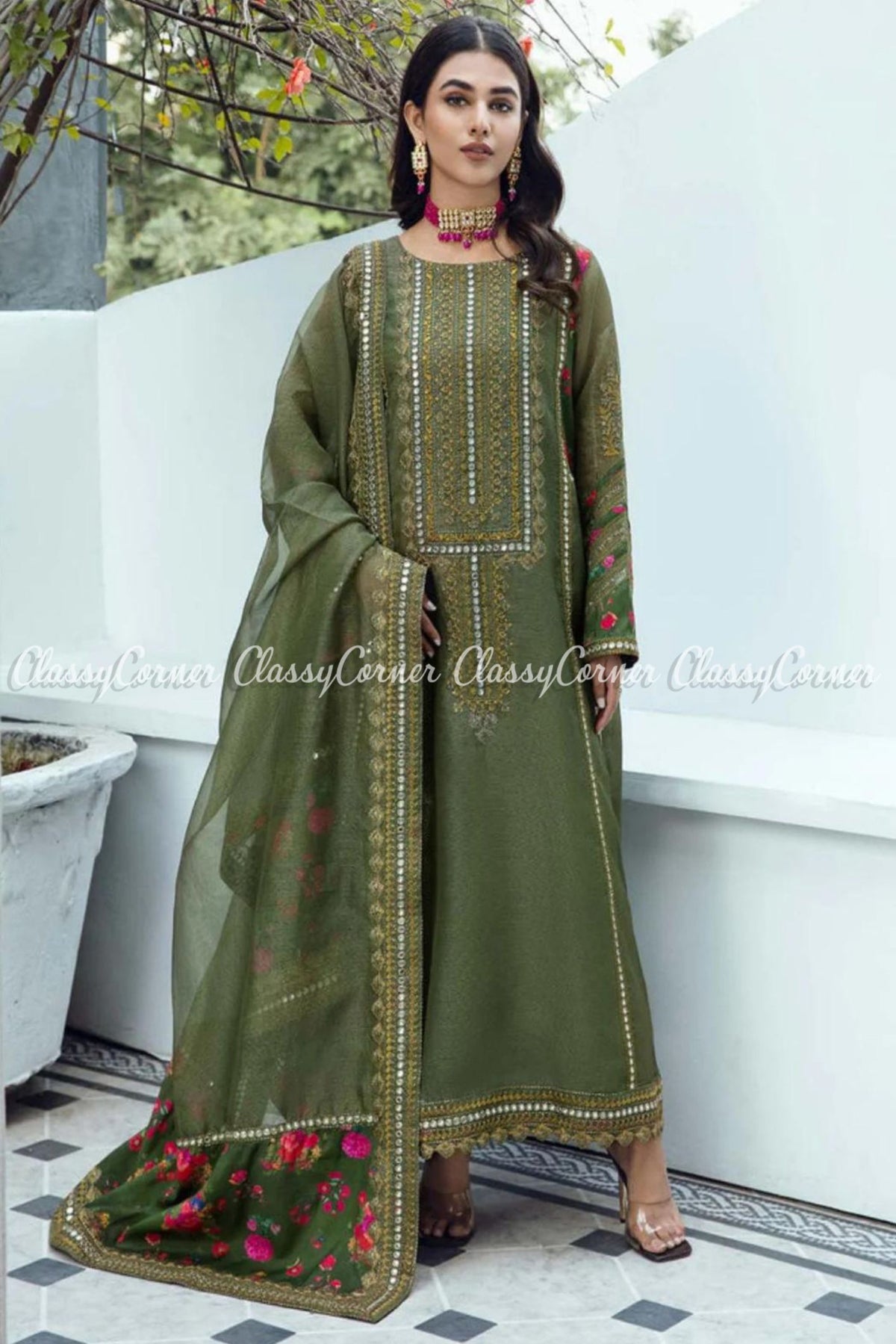 Green Net Embroidered Formal Wear Salwar Kameez