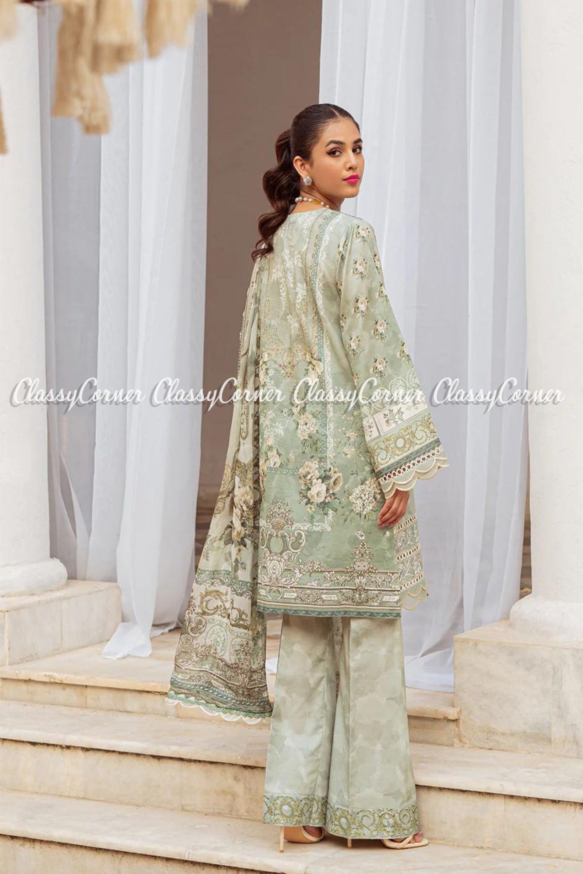 Pastal Green Lawn Embroidered Pakistani Salwar Kameez