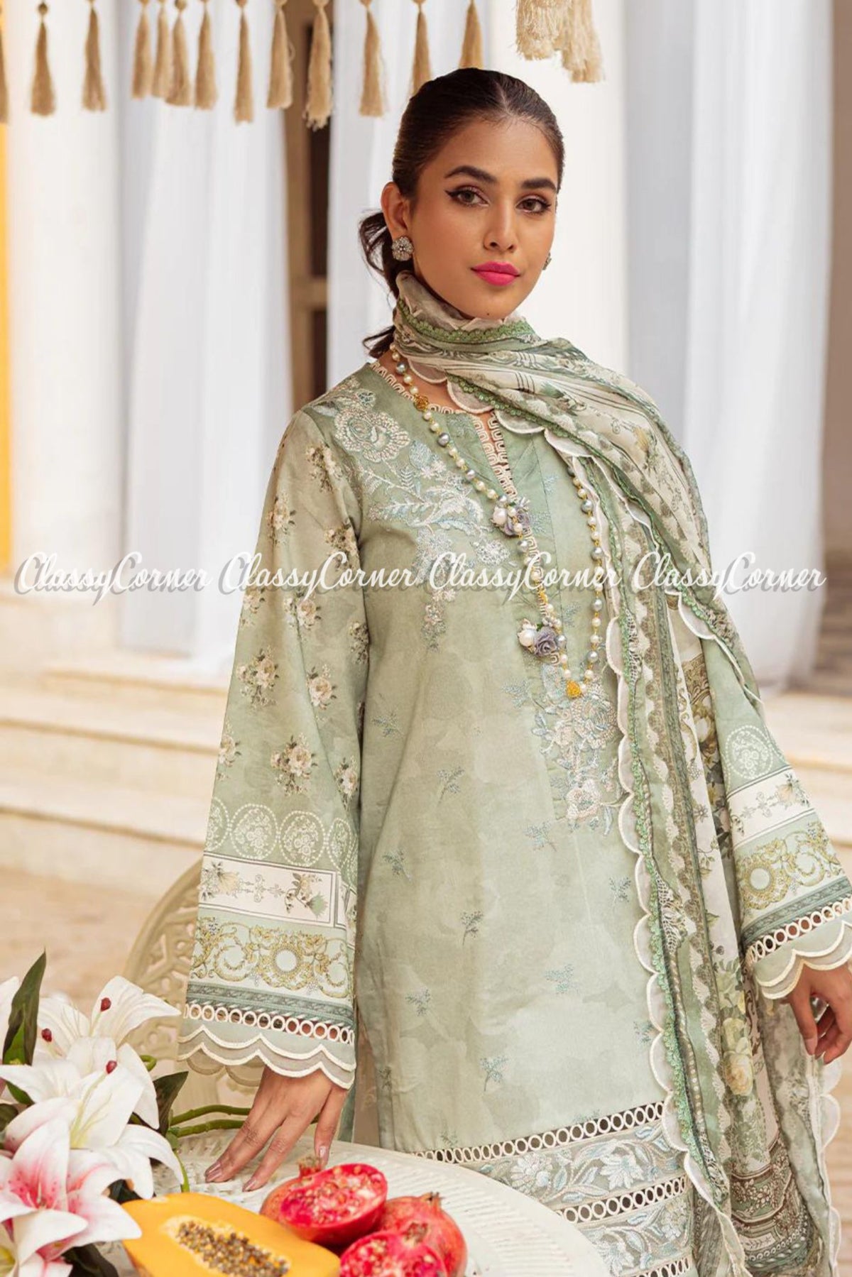 Pastal Green Lawn Embroidered Pakistani Salwar Kameez