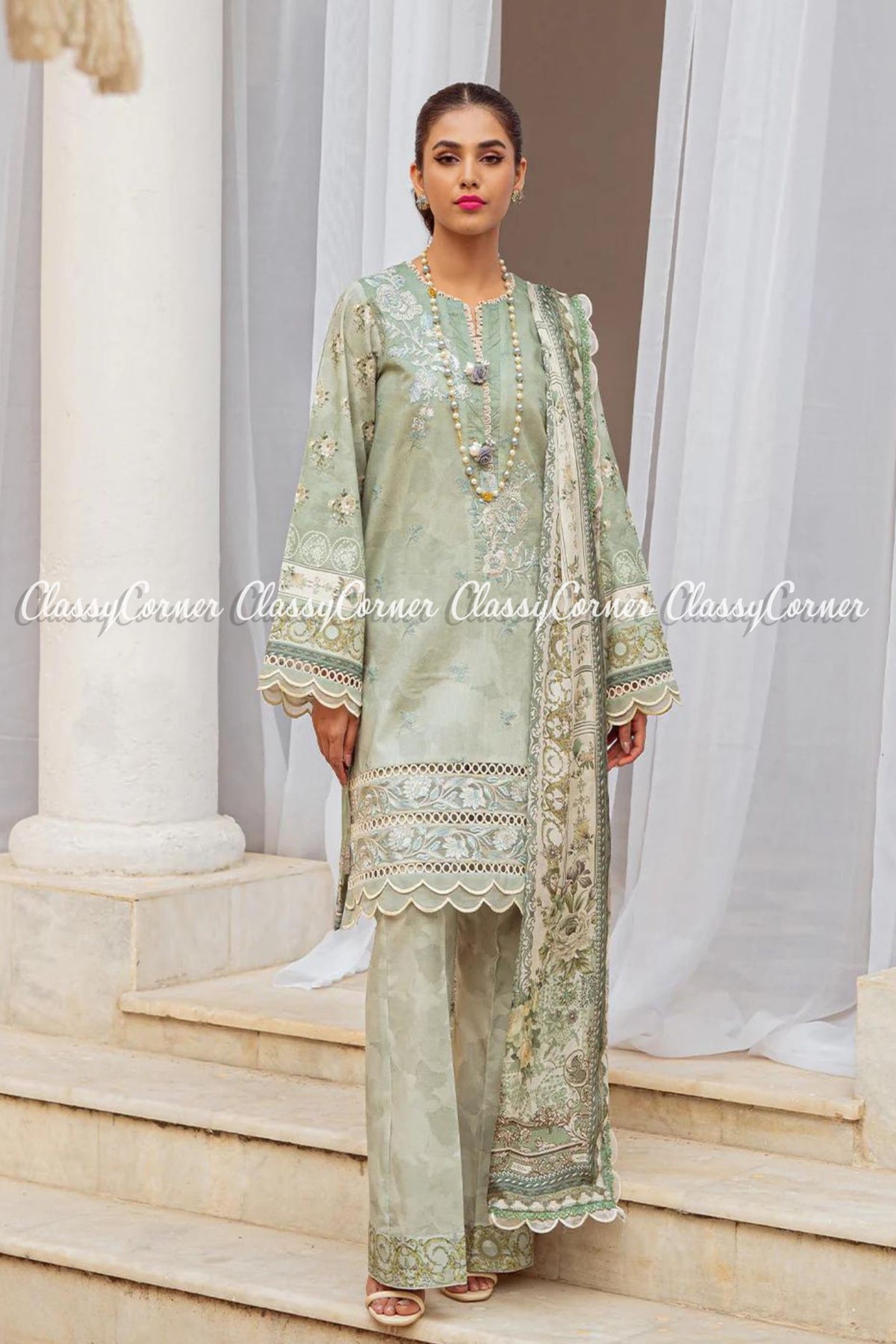 Pastal Green Lawn Embroidered Pakistani Salwar Kameez