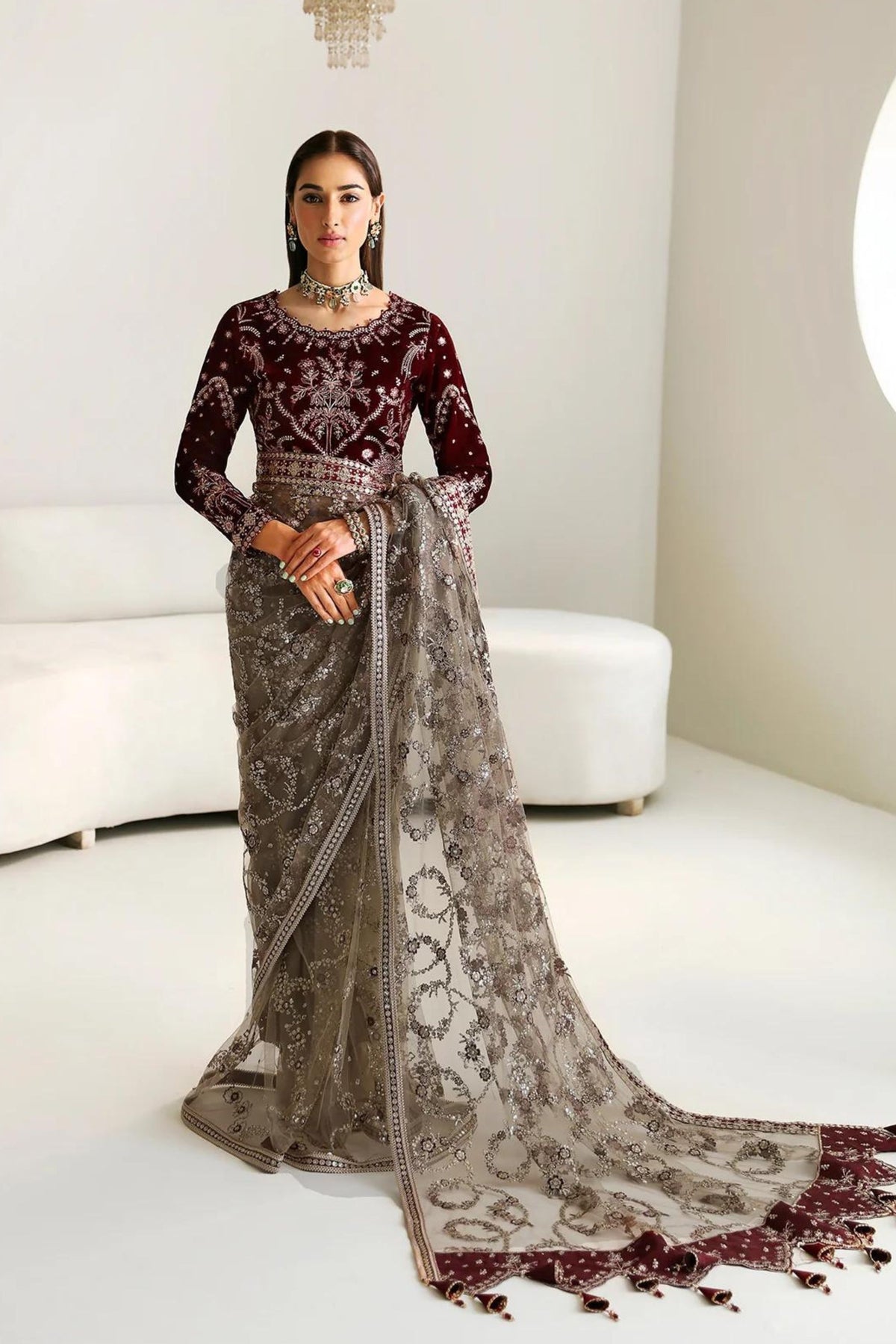 Grey Maroon Net Velvet Wedding Outfits