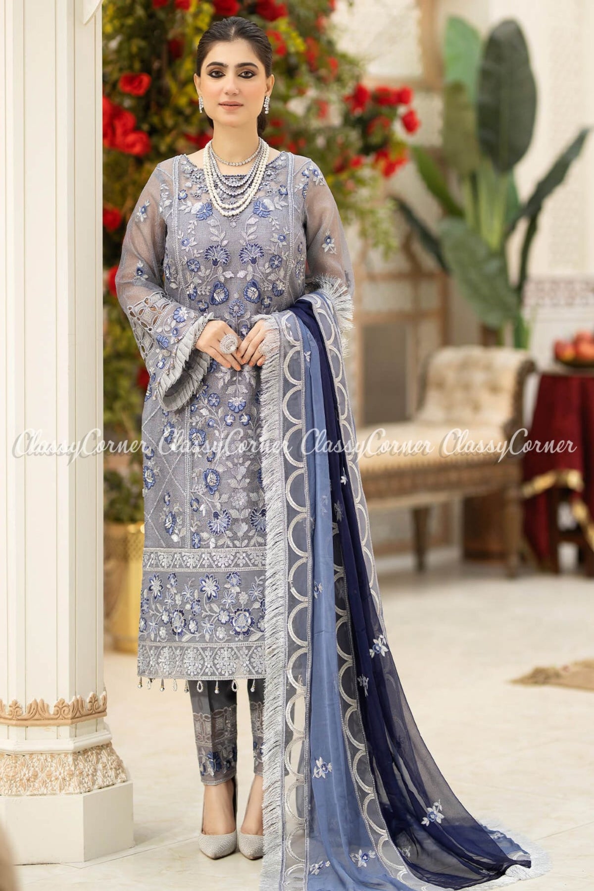 Grey Blue Masuri Embroidered Pakistani Suit